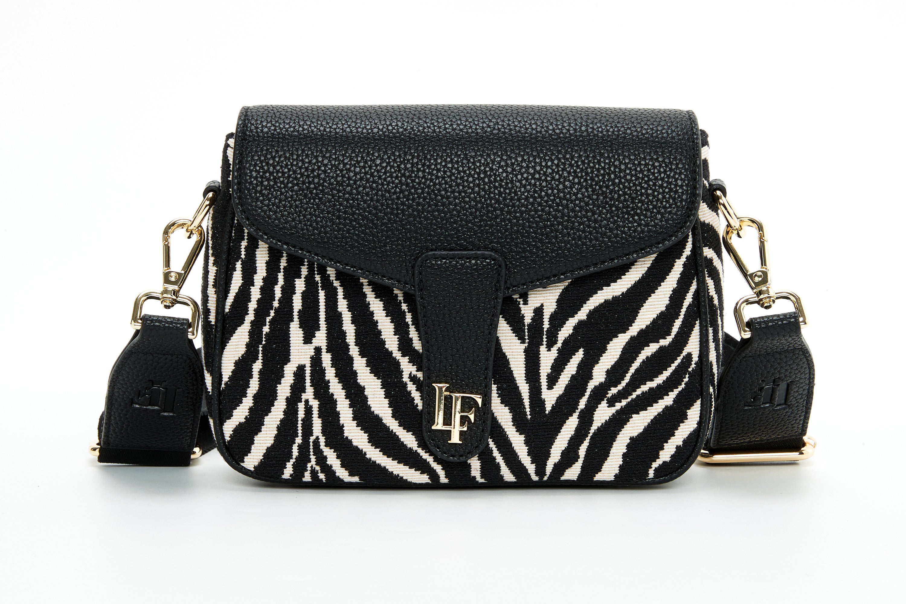 The Mini Zebra – crossbodytas met zebra-jacquard, zwarte leren klep en goudkleurig LF-logo