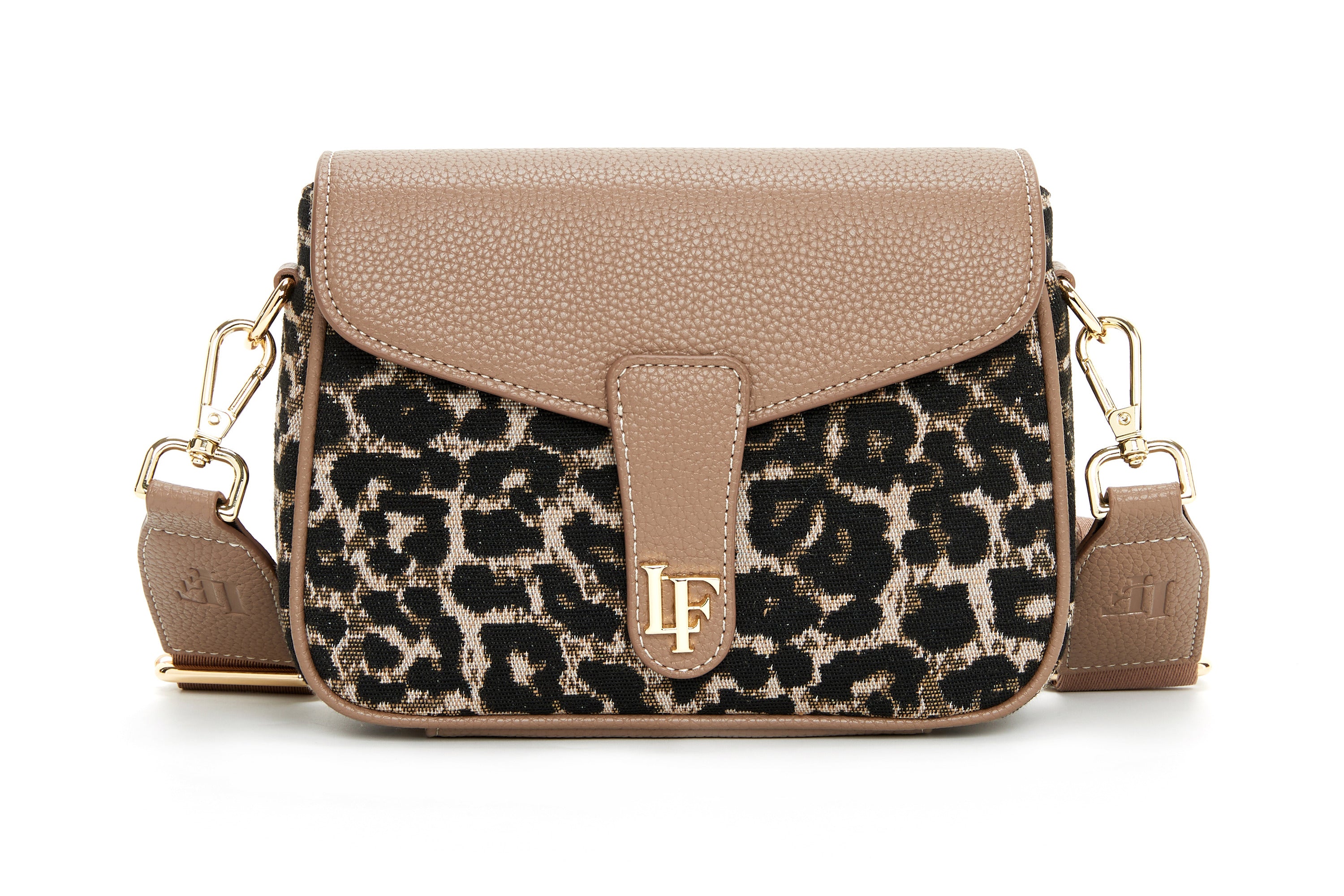 The Mini Brown Leopard – crossbodytas met luipaard-jacquard, taupe leren klep en goudkleurig LF-logo