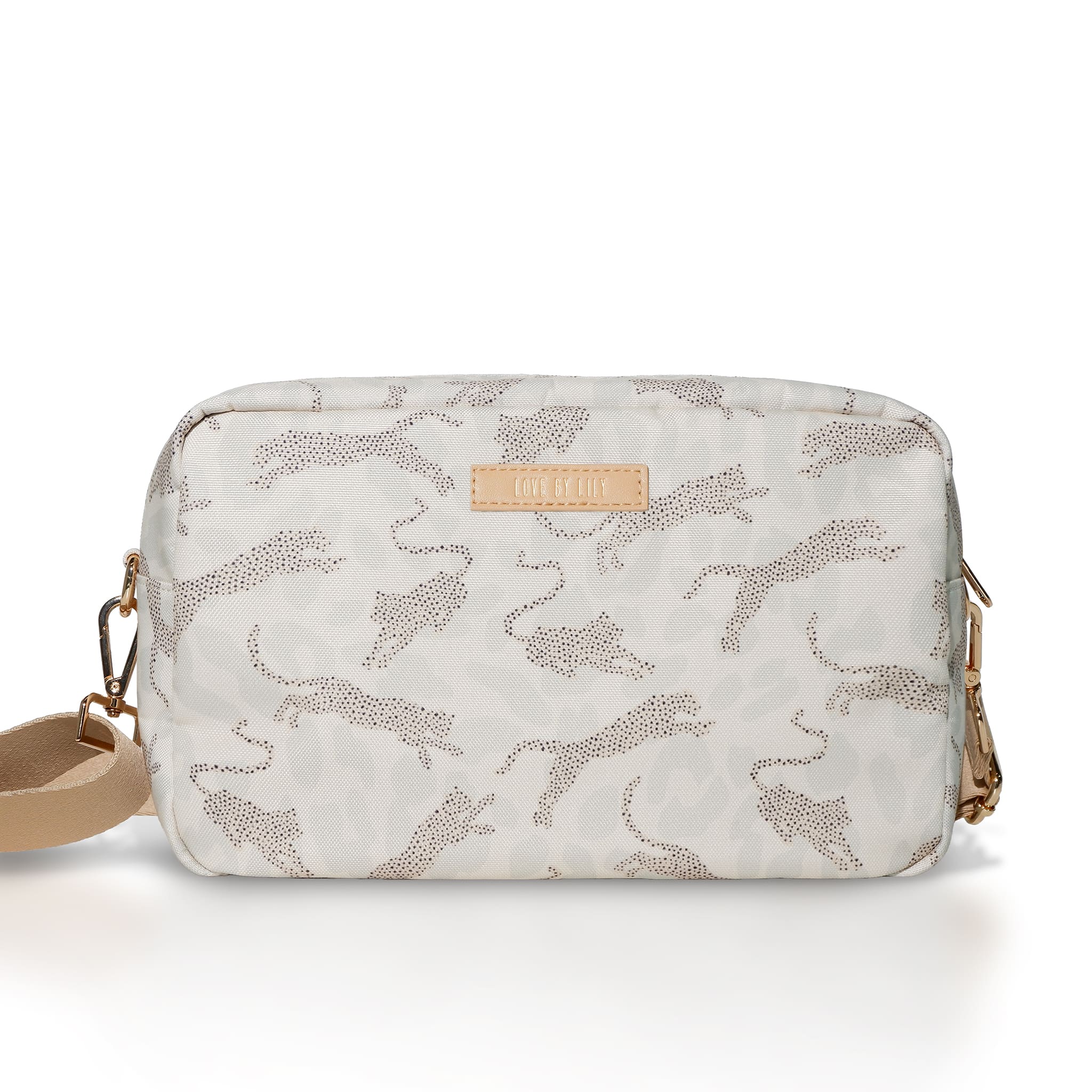 Kinderwagen-organizer met een zachte pantherprint – overzichtelijk en elegant.