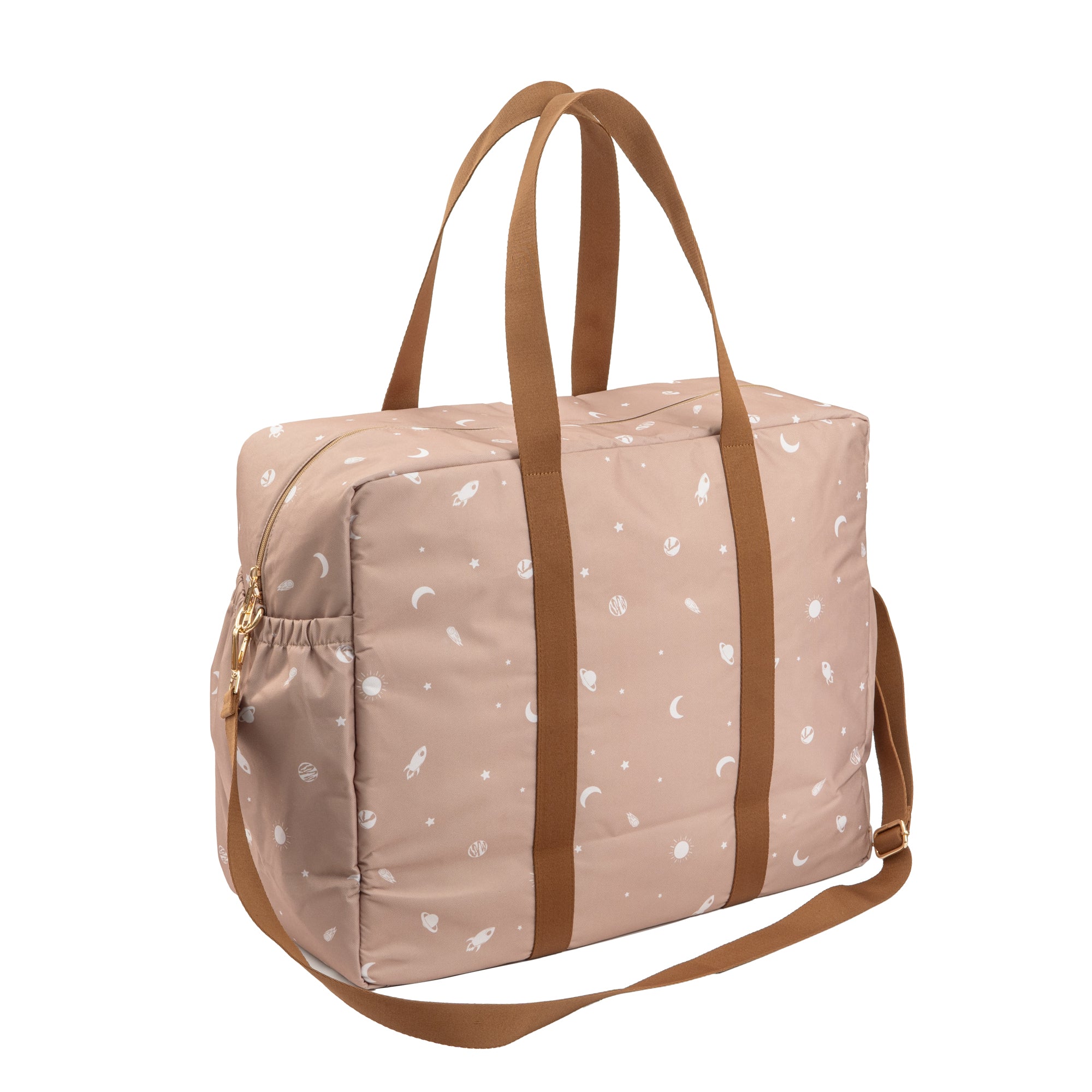 Grote mom bag My Universe met kosmisch design in zachte tinten.