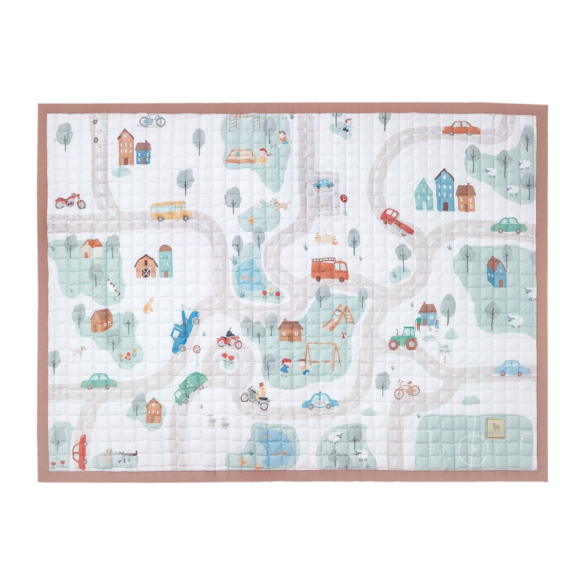 Speelkleed Country Roads – gewatteerd speelkleed met weggetjes, auto's, huisjes en dieren