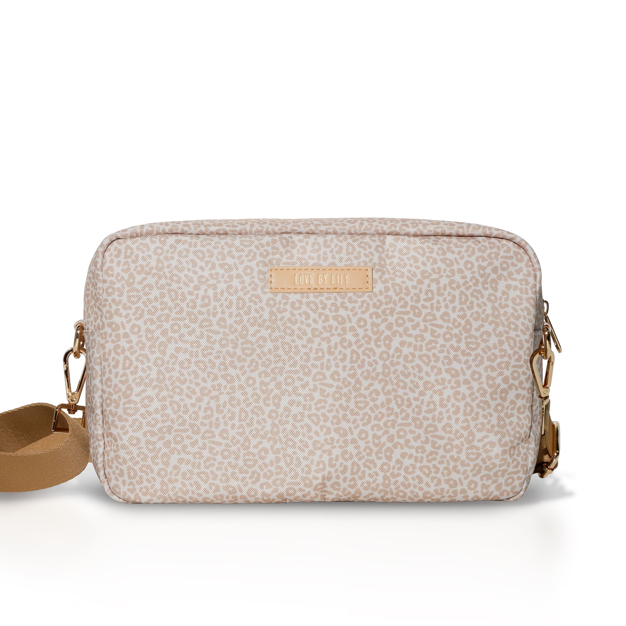 Kinderwagen-organizer met een romige luipaardprint – compact en verrassend ruim.