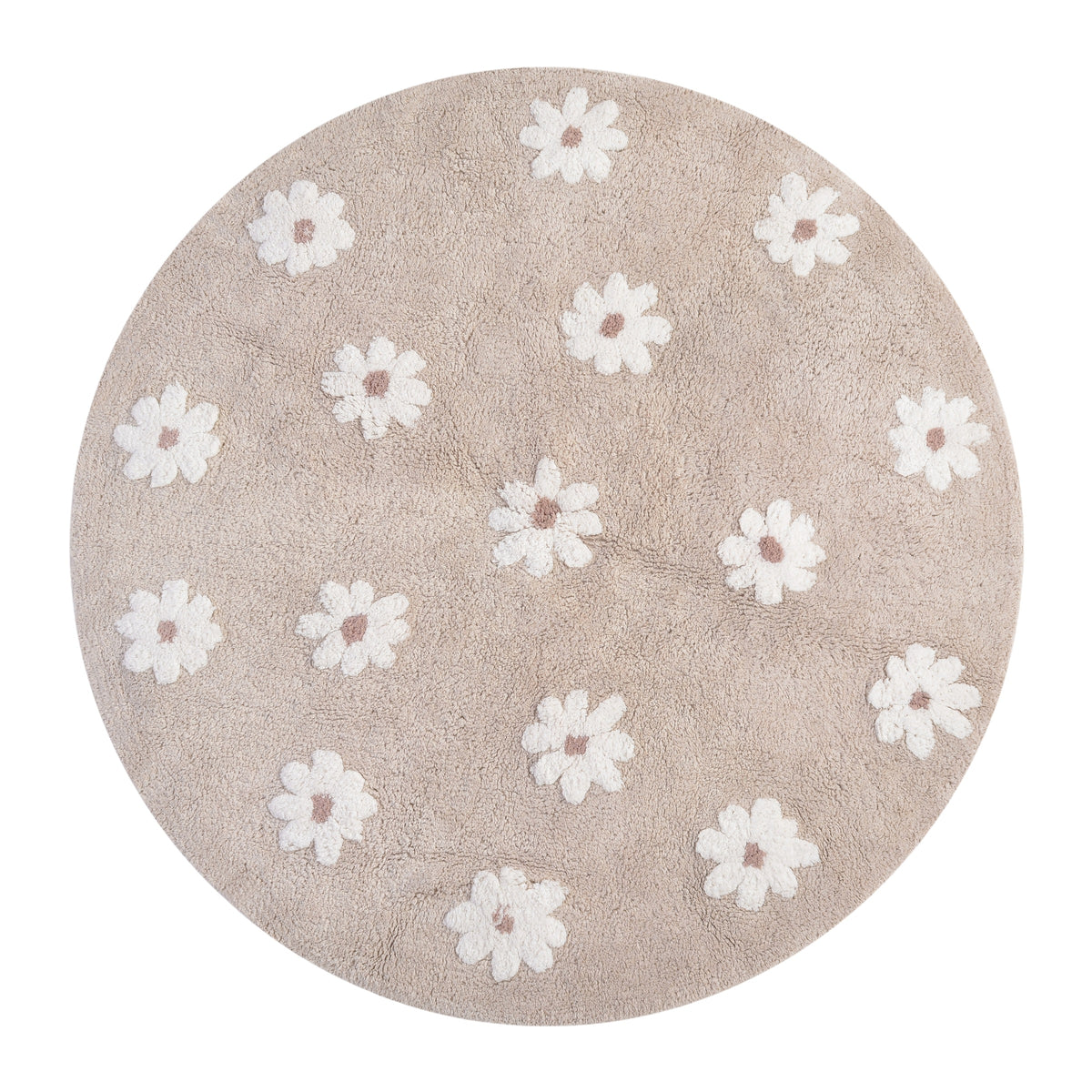 Handgemaakt Daisy Night vloerkleed in grijs-beige tinten met 3D getufte bloemetjes, perfect voor een meisjeskamer.