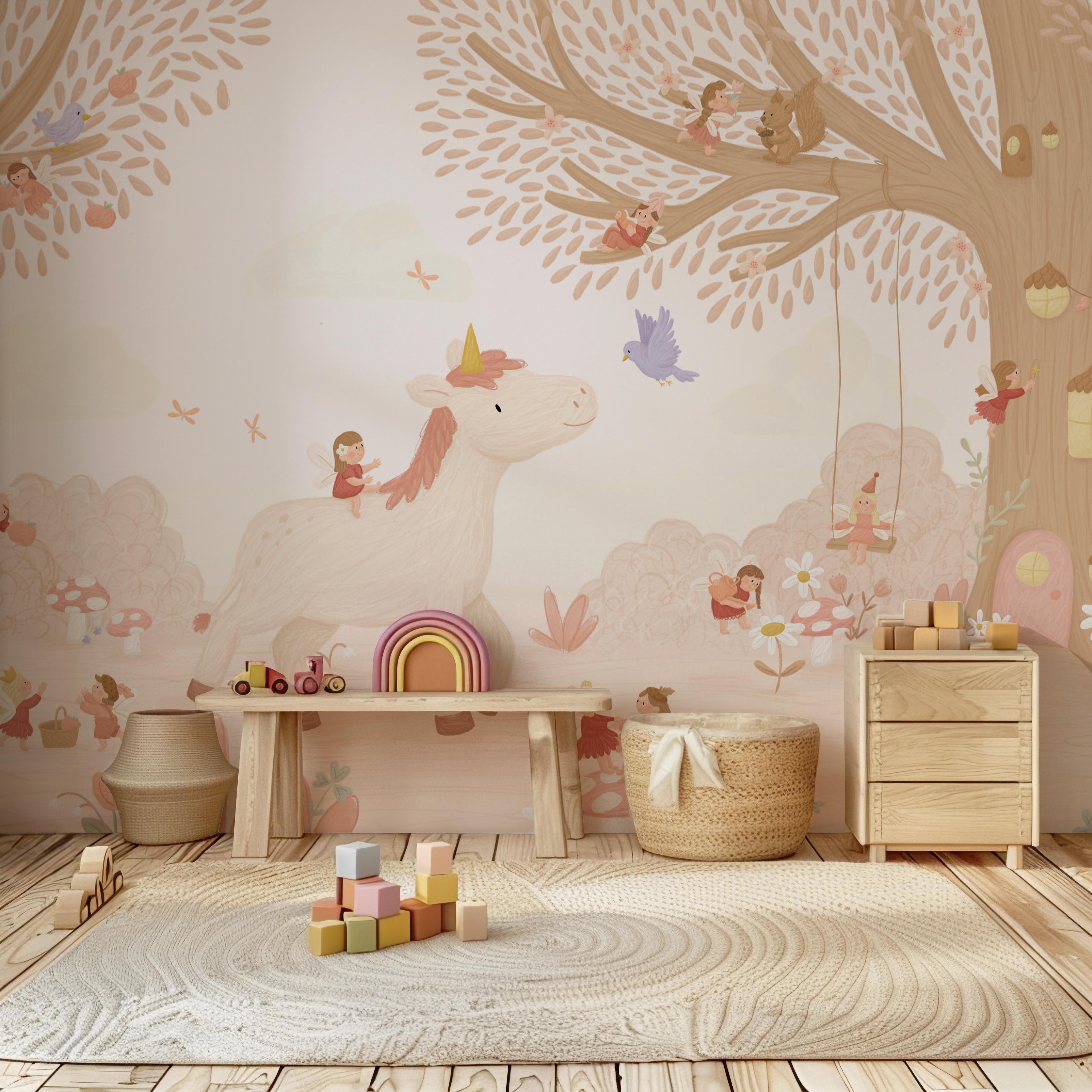 Eenhoorn feeënland behang voor een dromerige kinderkamer look.