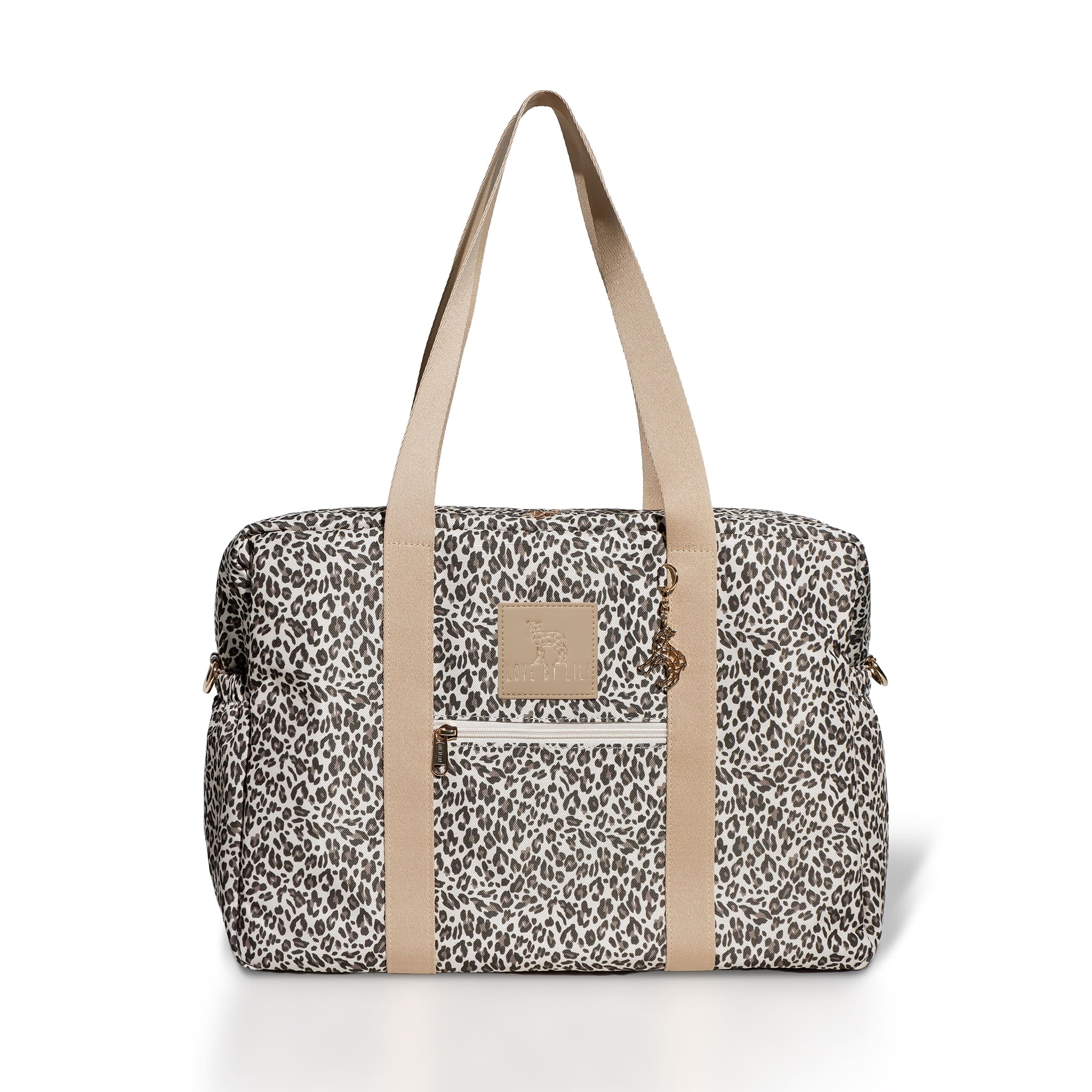 Dagelijkse luiertas met lichte luipaardprint – comfortabel, ruim en elegant.