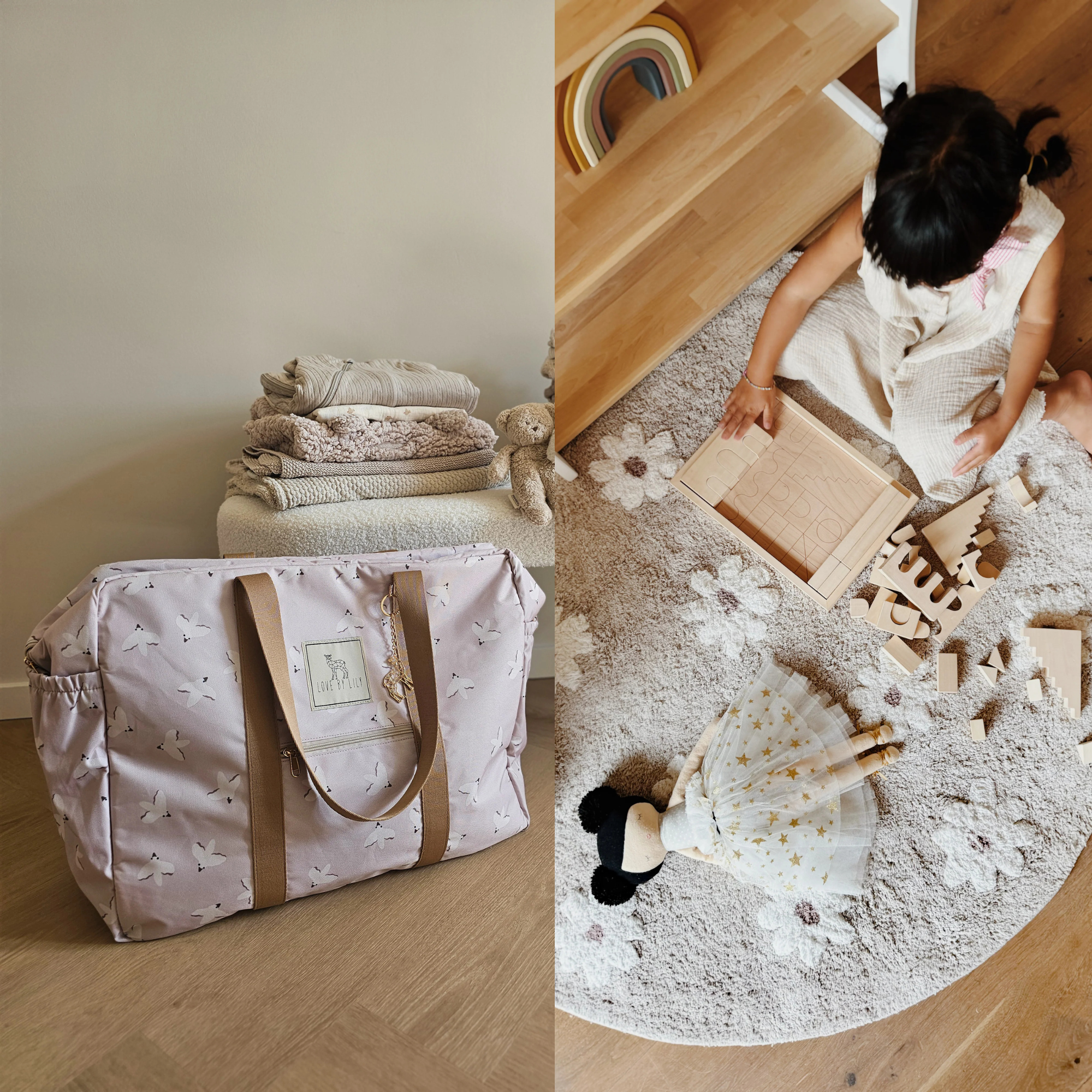 Love by Lily Exclusive Beige Set with birds travel mom bag and Daisy Night