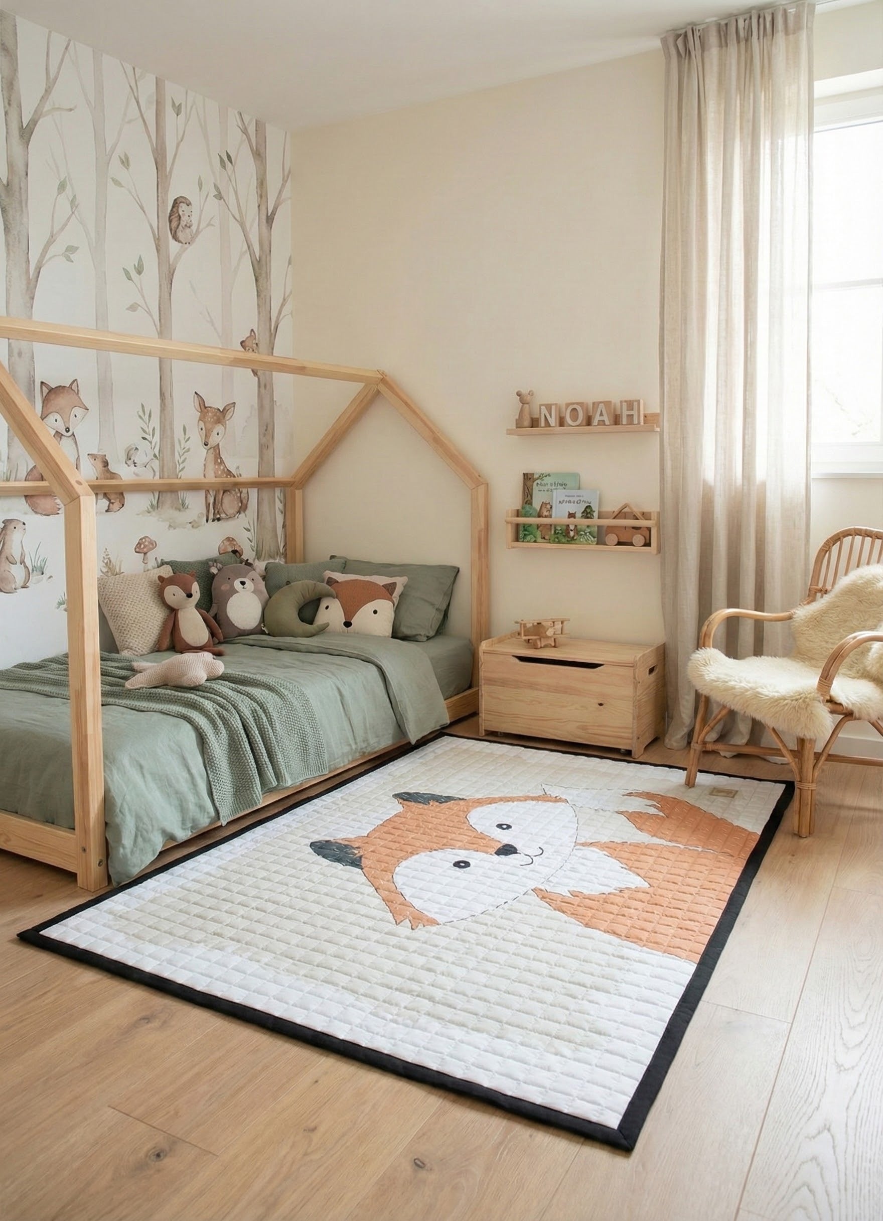 Speelkleed met een warme vosillustratie – zacht, uitnodigend en vol charme.