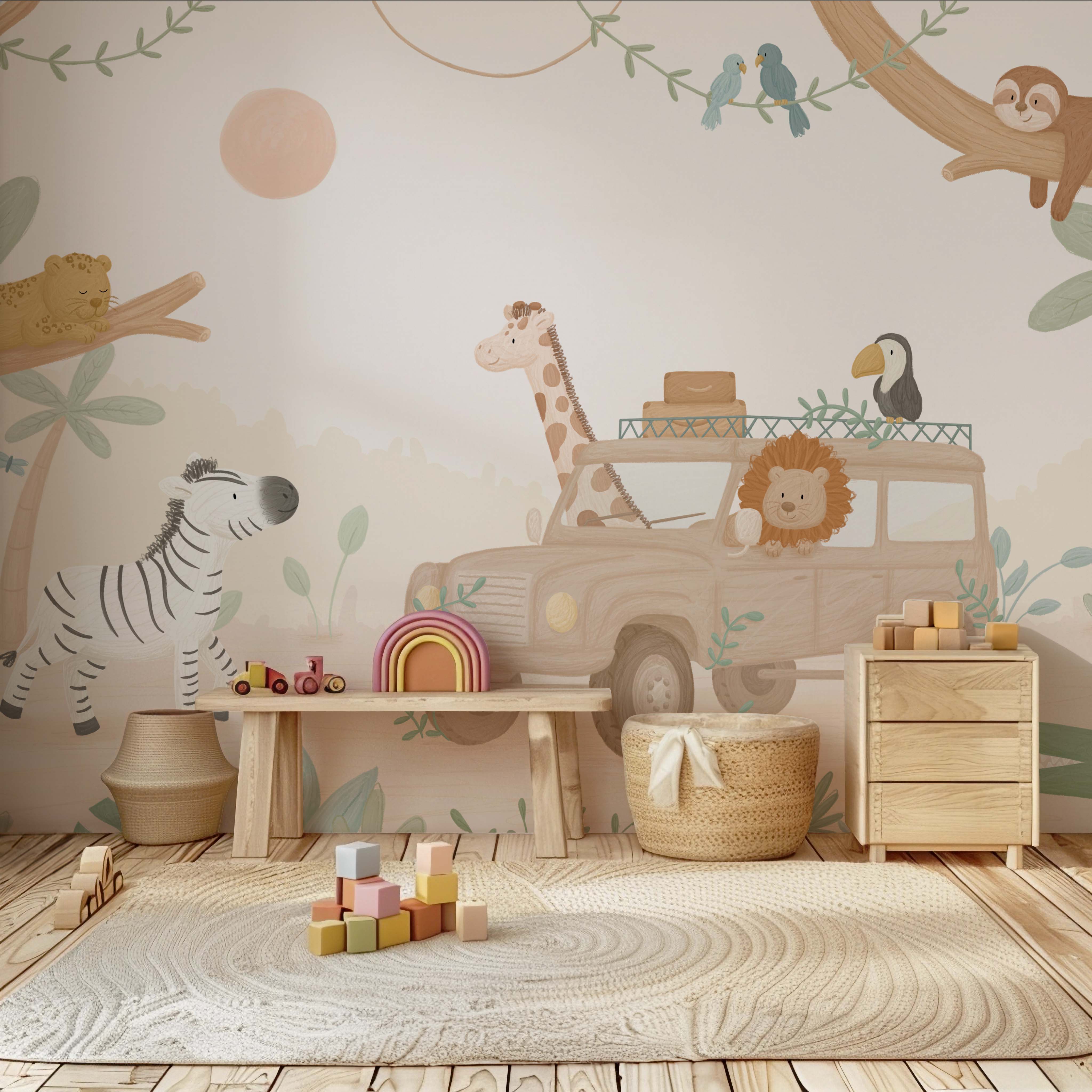 Jungle behang safari jeep voor babykamer en peuterkamer.