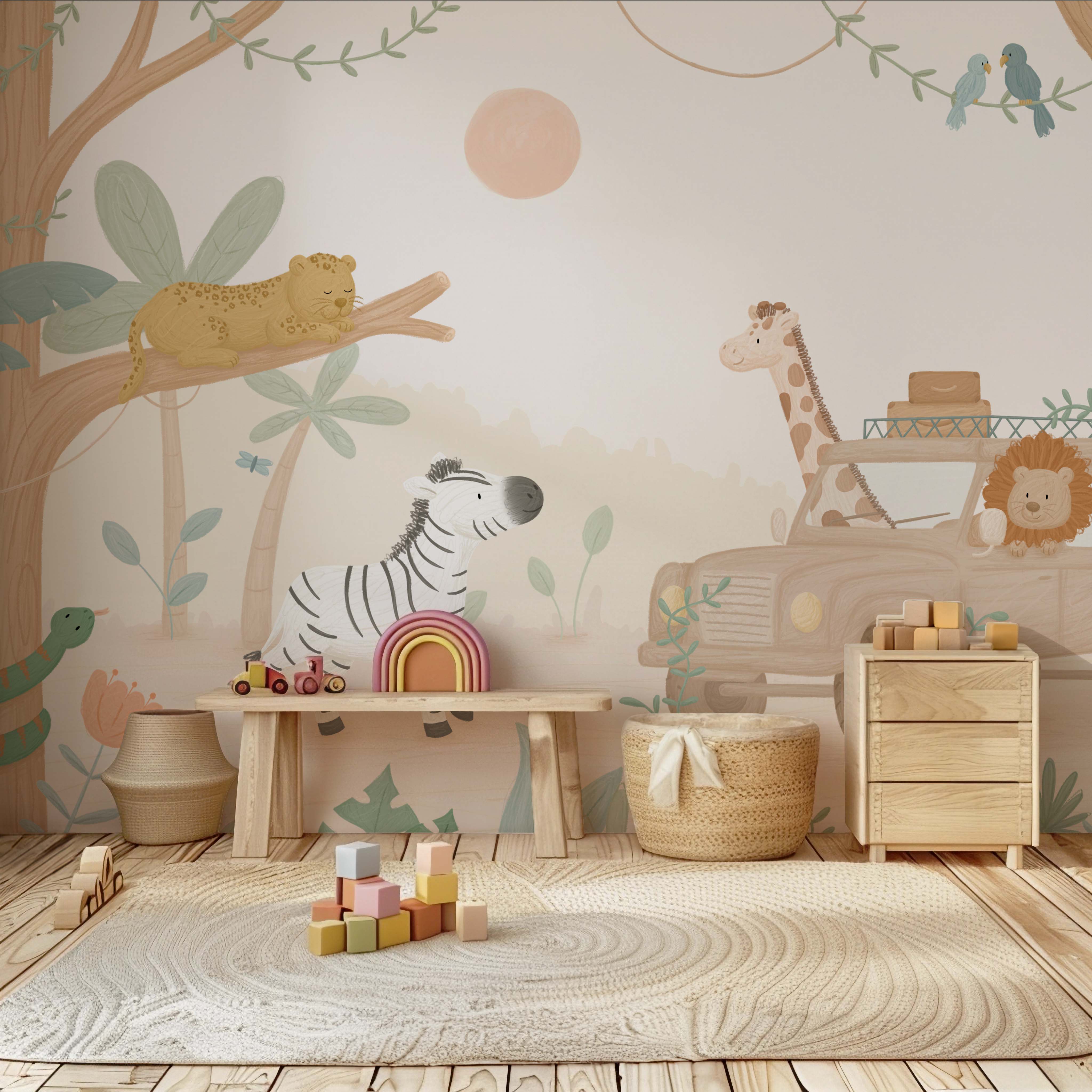 Kinderkamer jungle behang met jeep en jungle dieren.