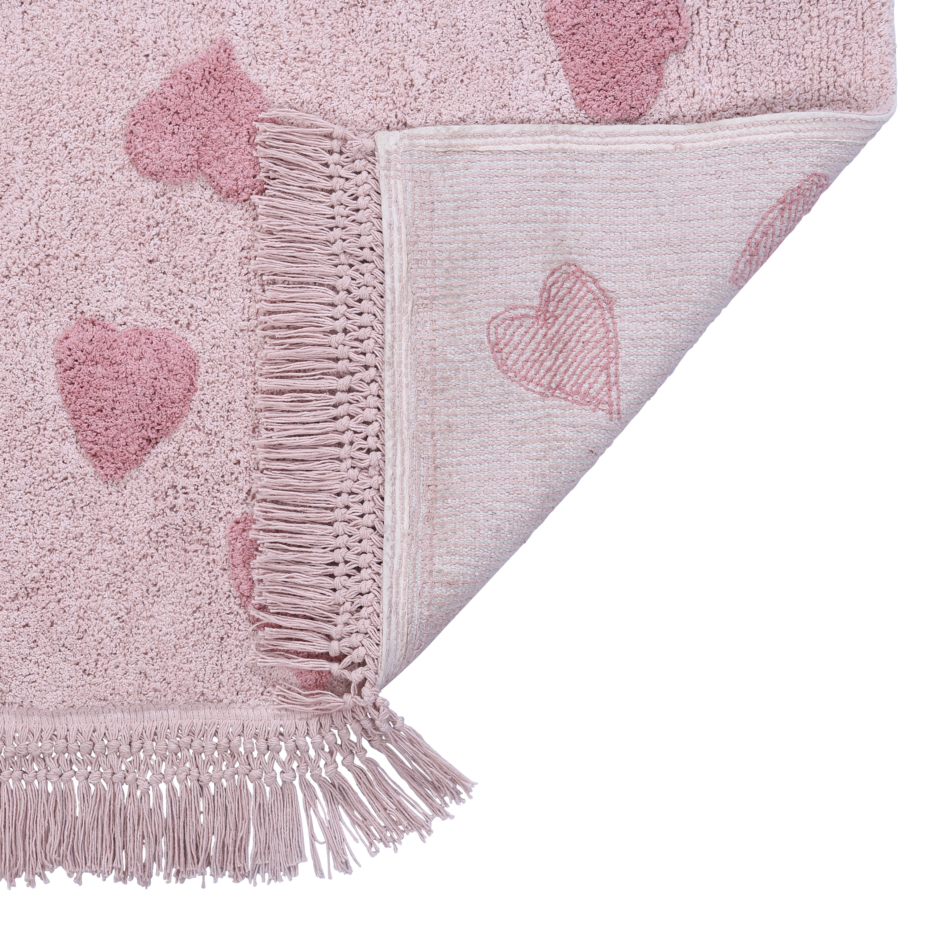 Roze rechthoekig vloerkleed met hartjes, ideaal voor baby- en kinderkamer.