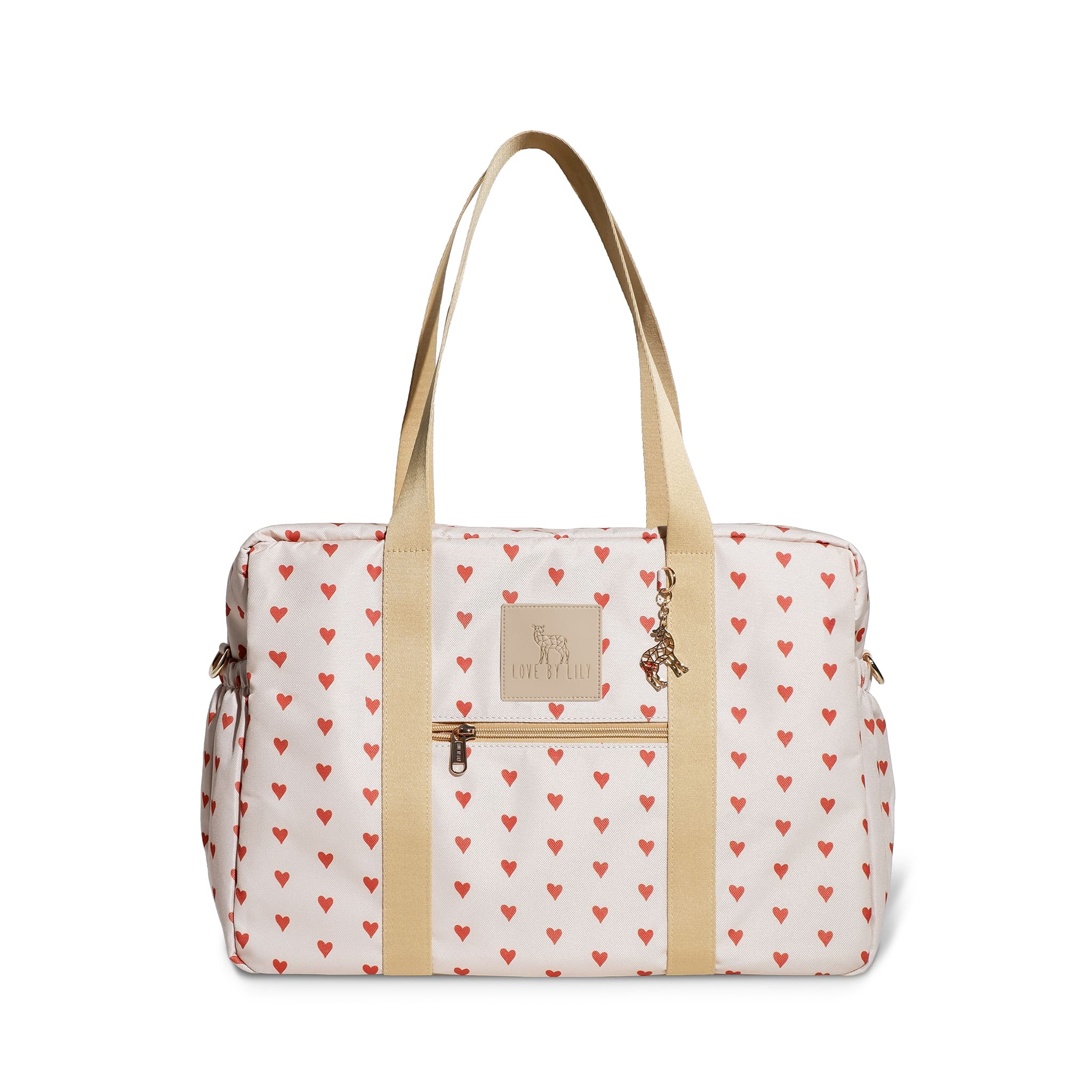 Een luiertas met subtiele hartjesdetails – elegant en modern tegelijk.