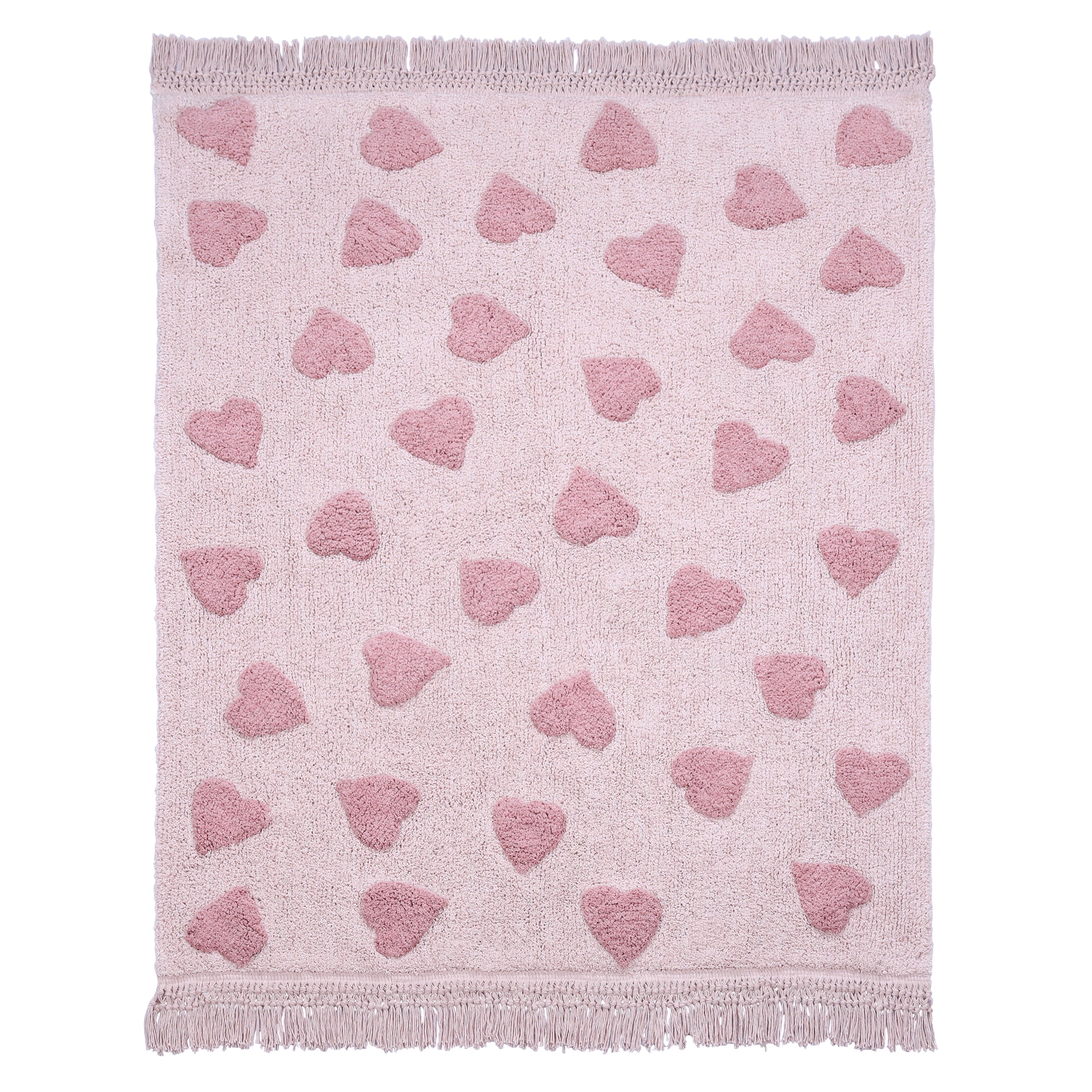 Modern vloerkleed met hartjesdesign, past in baby- en kinderkamers.