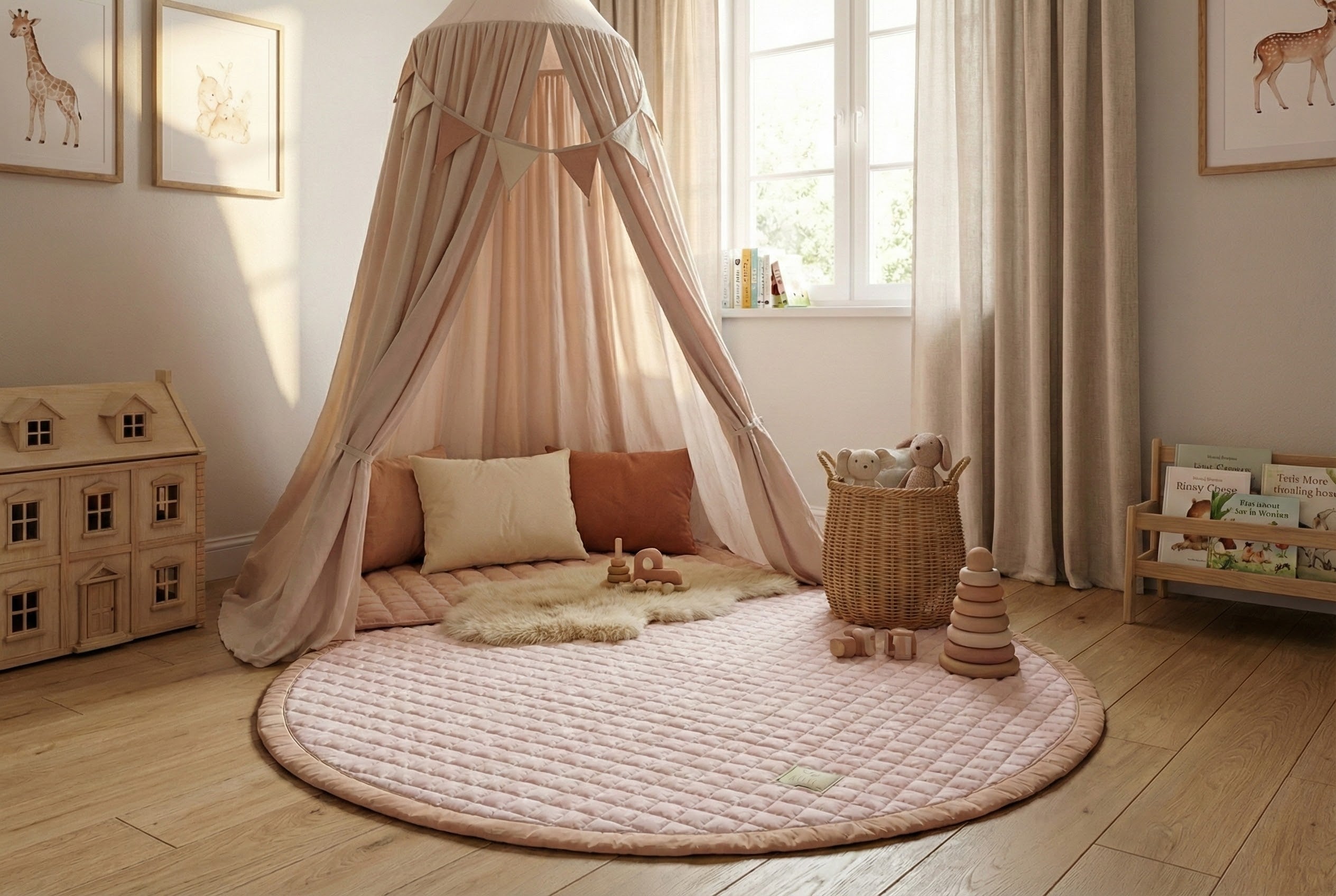 Rond Rosy Sky speelkleed in een lichte, woon- of kinderruimte.
