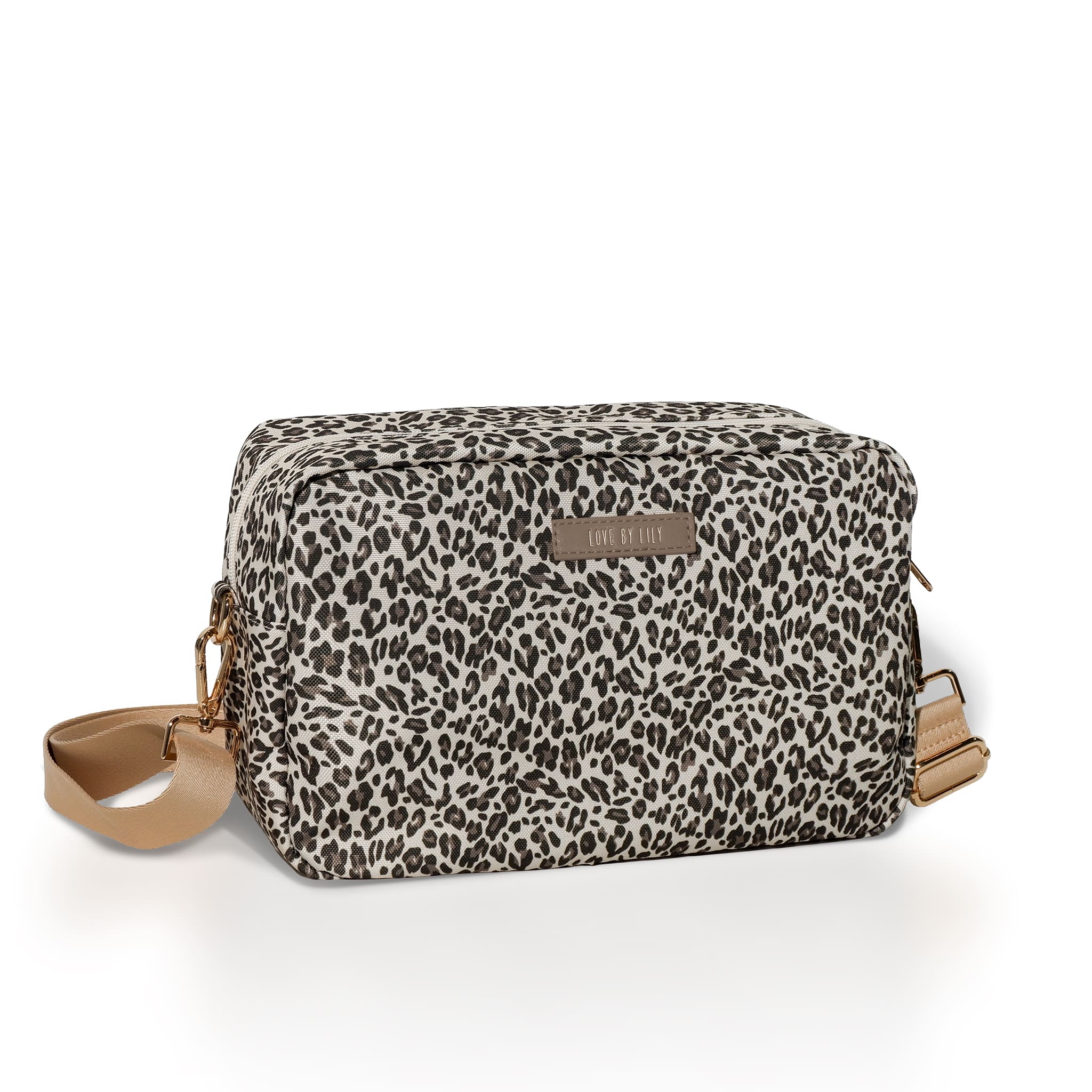 Slimme kinderwagen-organizer met lichte luipaardprint – licht, functioneel en luxe afgewerkt.