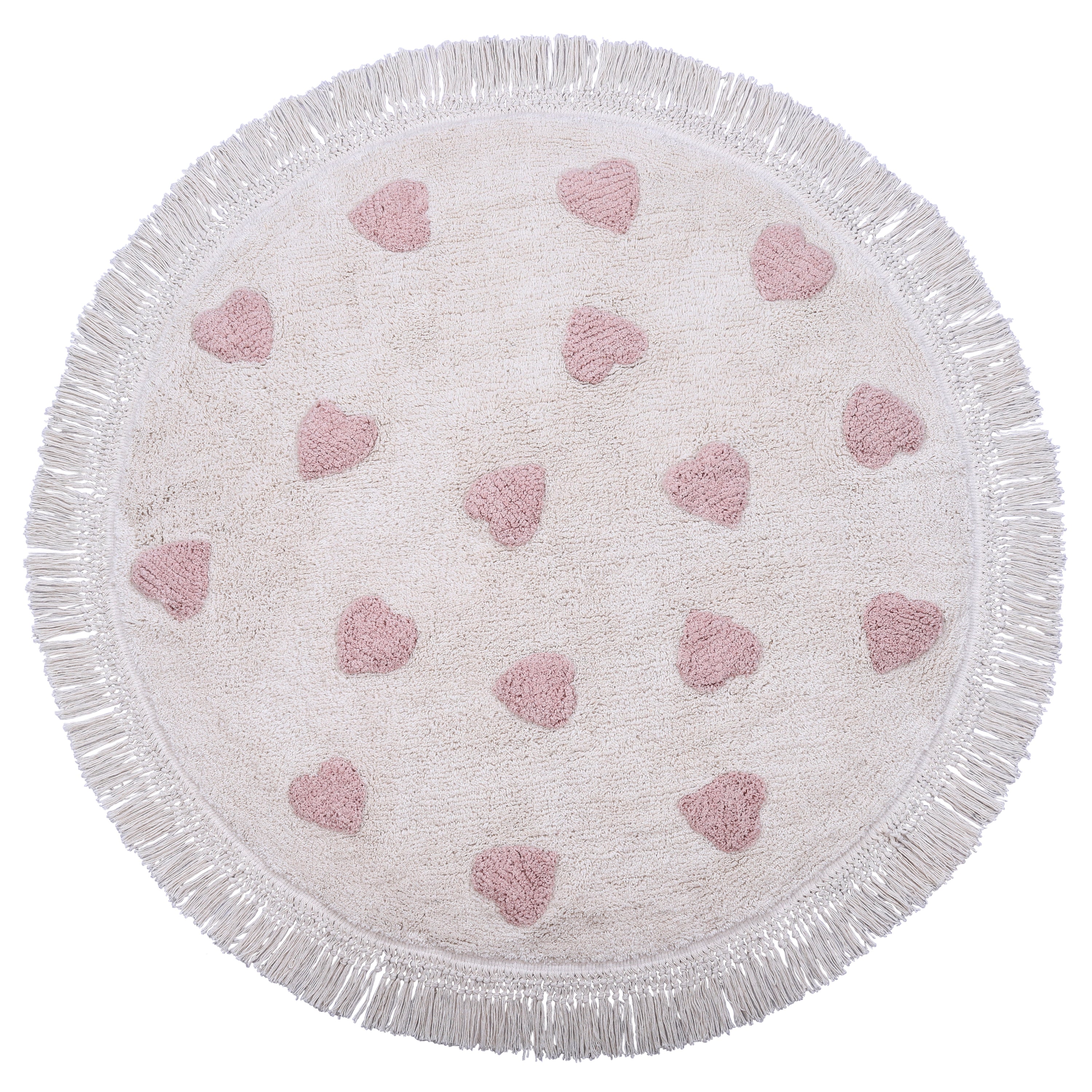 Vloerkleed Blush Hearts met zachte roze hartjesprint.
