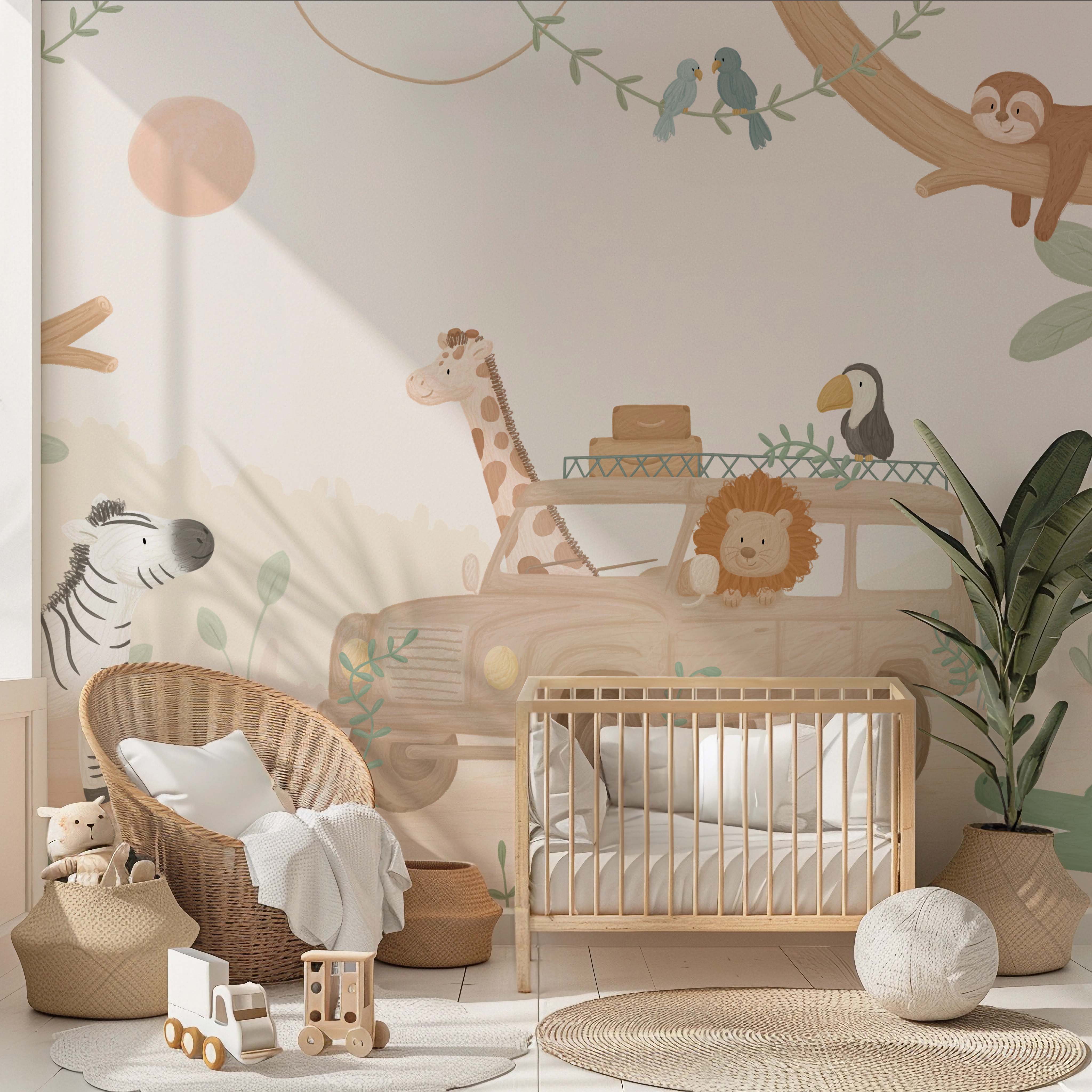 Safari jungle behang met jeep, ideaal voor avontuurlijke kinderkamers.