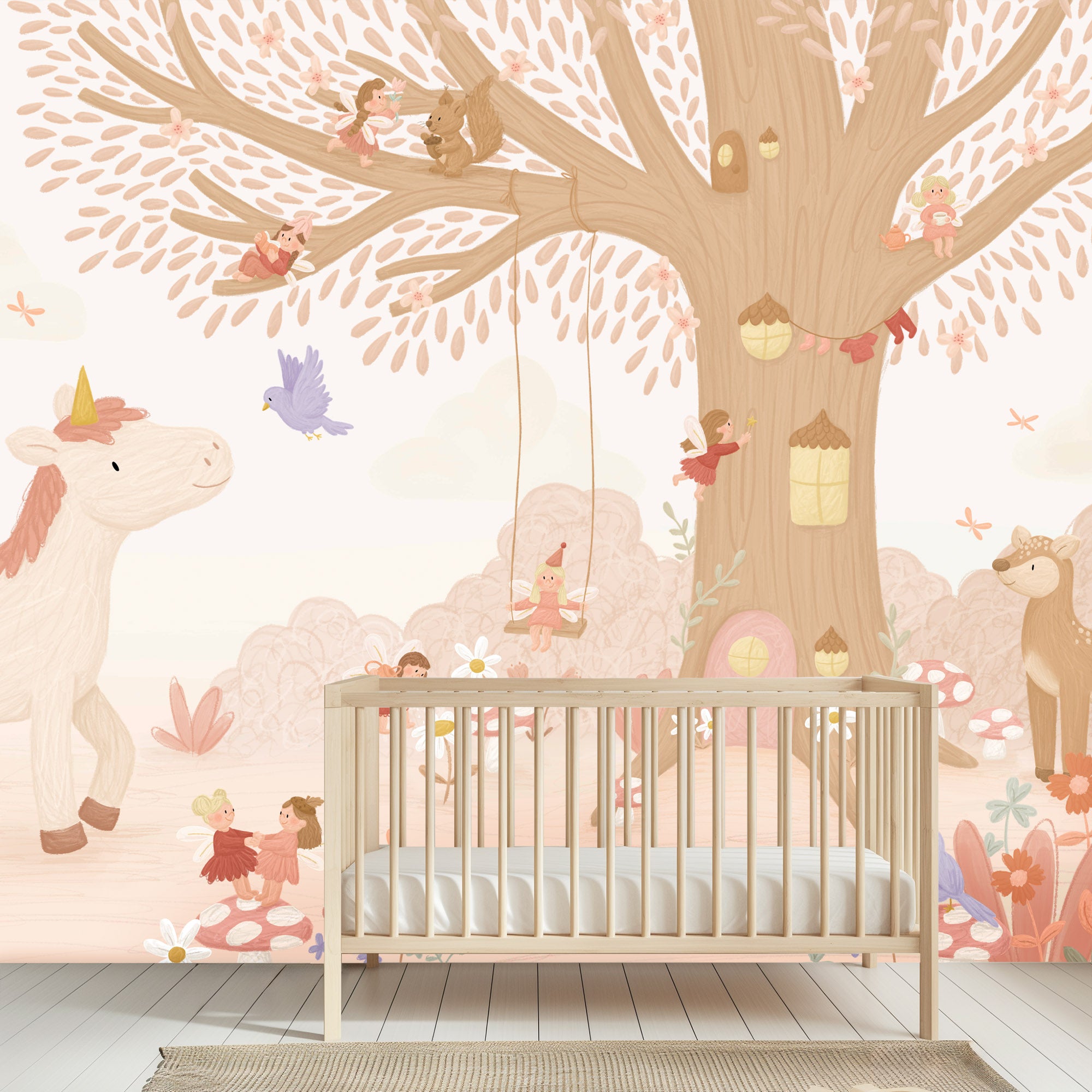 Unicorn fairyland behang in rustige, neutrale stijl voor kinderen.