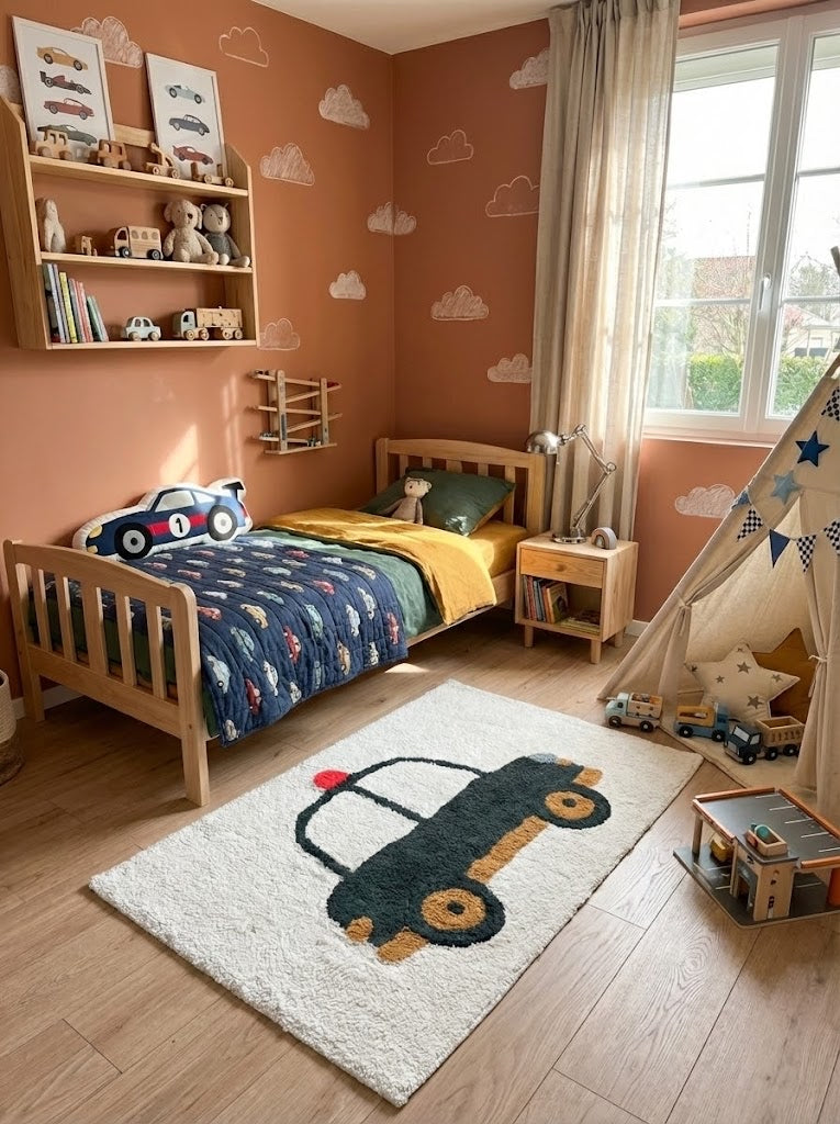 vrolijk speelkleed in de vorm van een politiewagen voor echte politie-fans