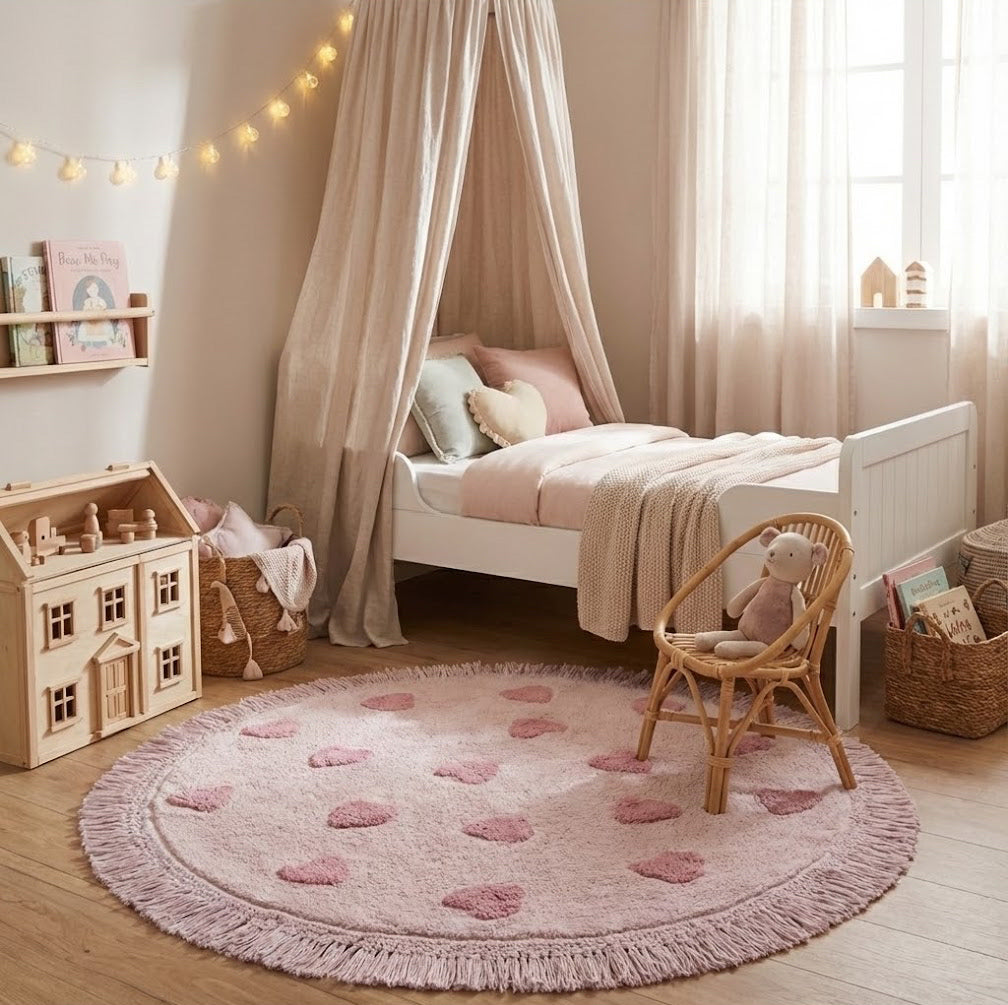 charmant rond vloerkleed in roze met hartjes, lekker zacht om op te spelen