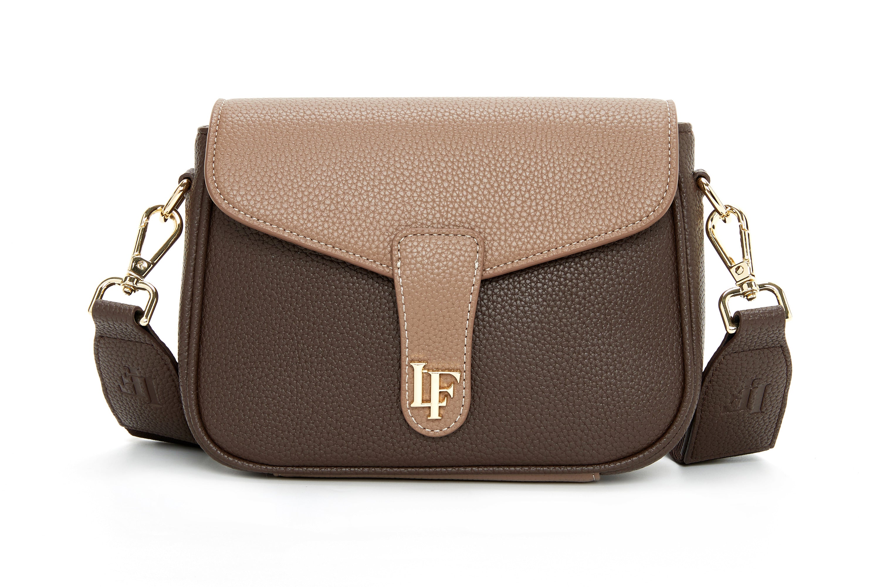 The Mini Espresso – leren crossbodytas in donkerbruin met taupe klep en goudkleurig LF-logo
