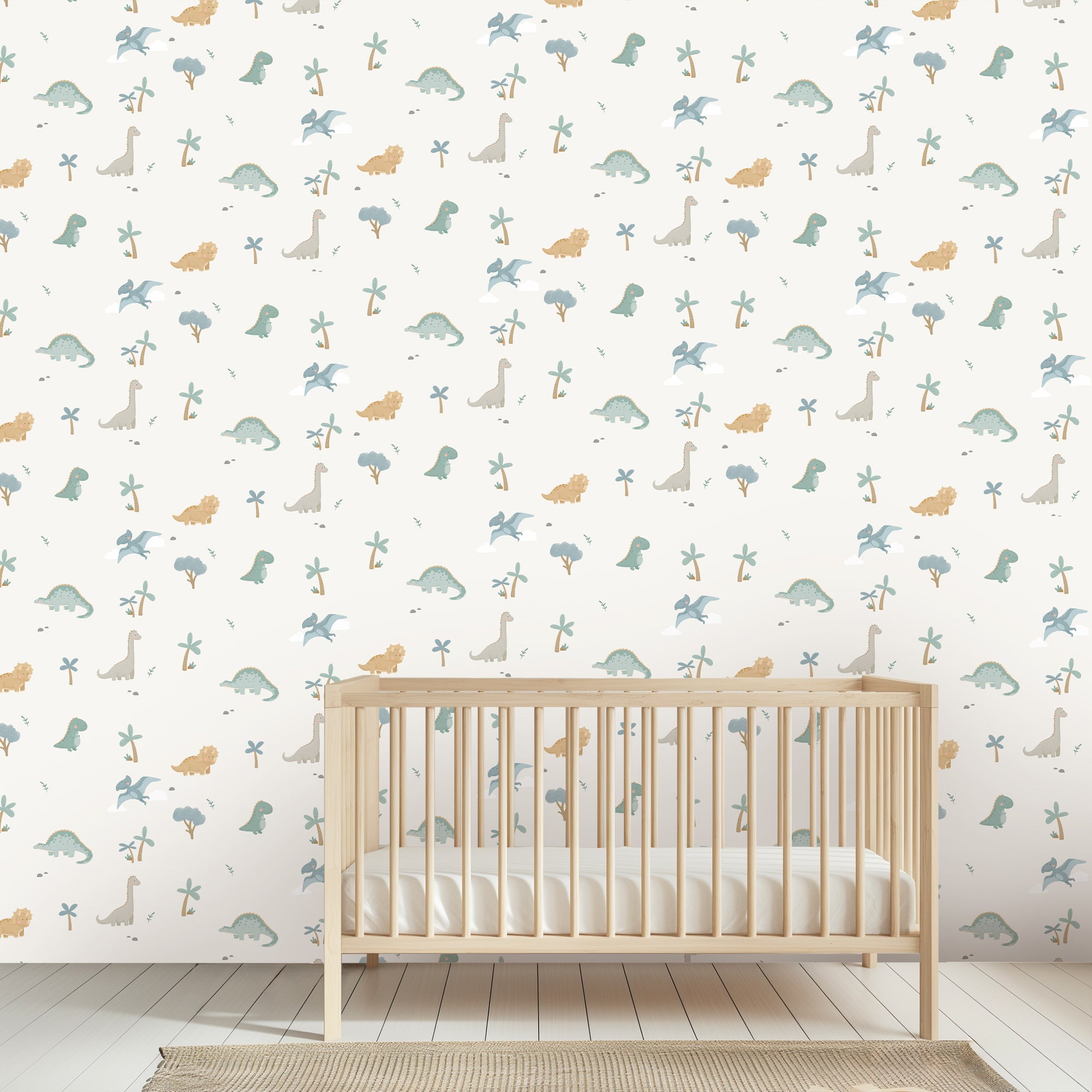 Behang met schattige dinosaurus figuren, ideaal voor babykamer of kinderkamer.