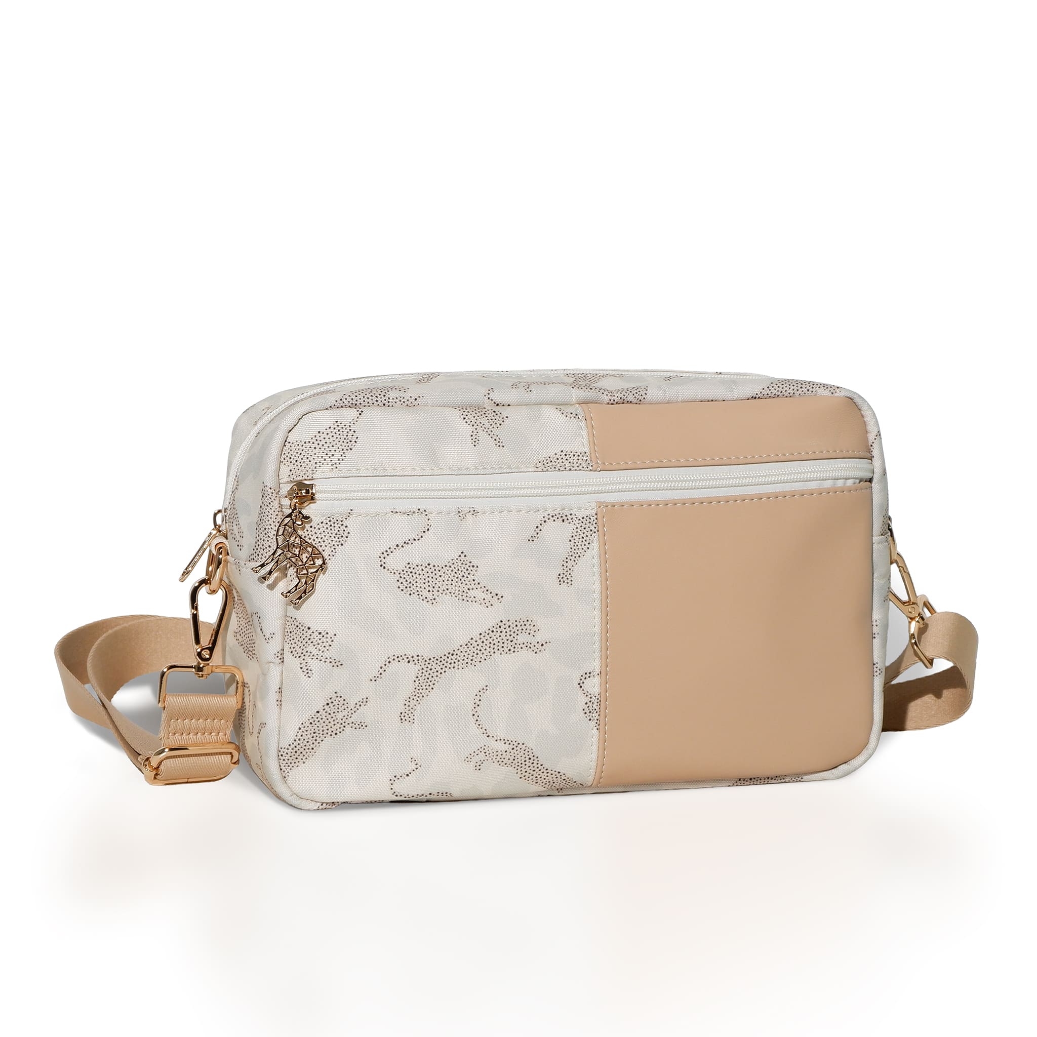 Lily Pocket kinderwagen-organizer met pantherprint in zachte beige tinten – compact en stijlvol.
