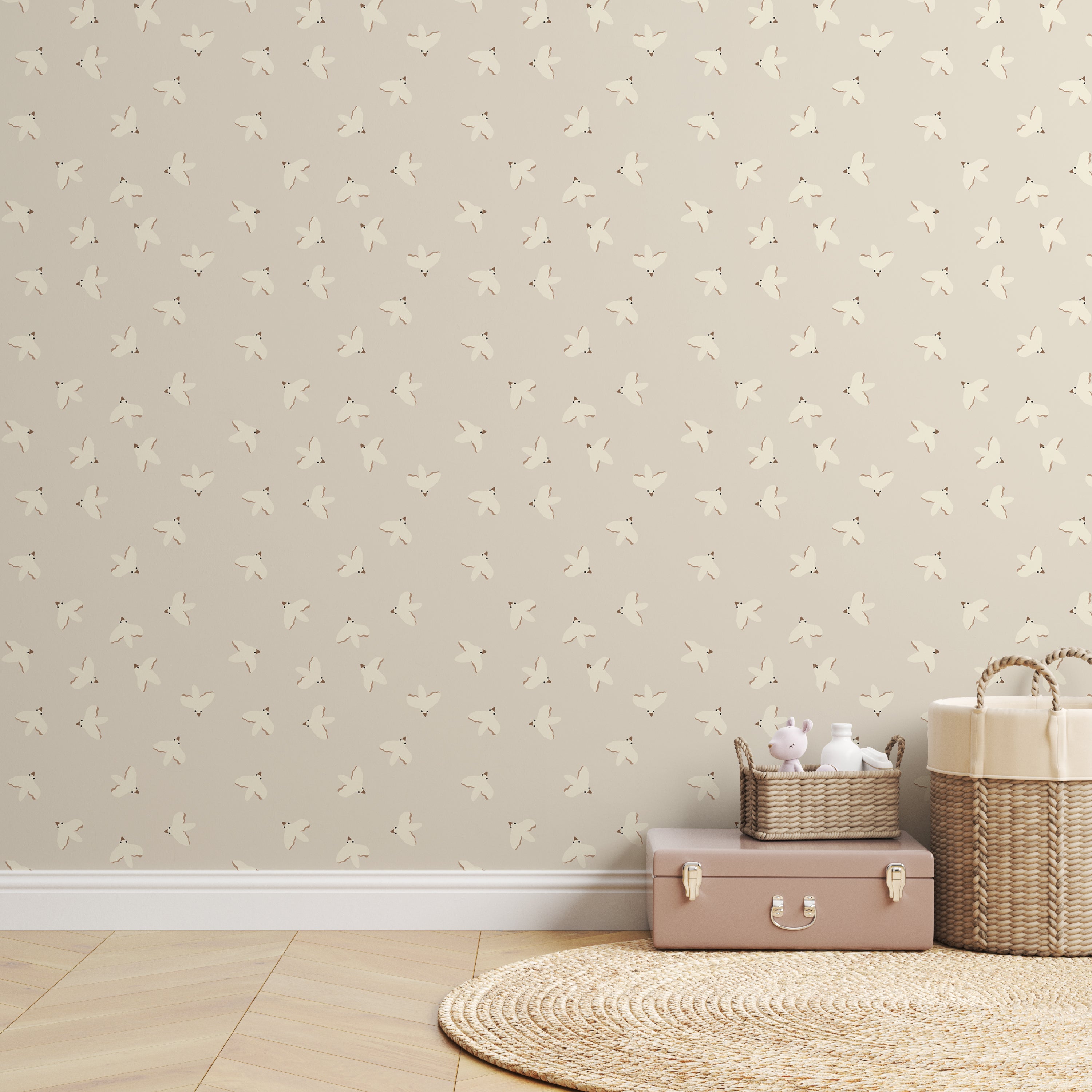 Unisex kinderkamer behang met zachte beige tinten en vogels