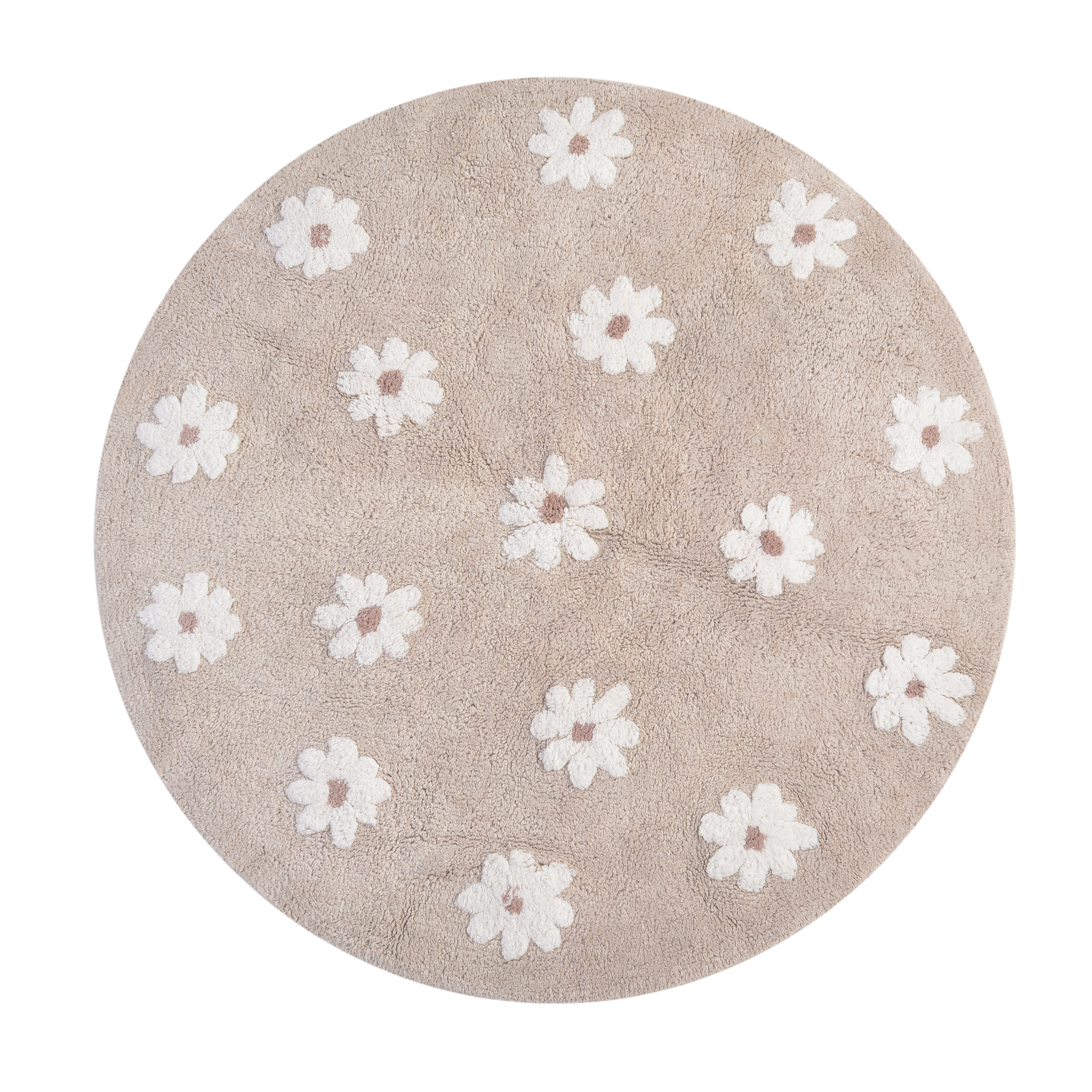 Handgemaakt Daisy Night vloerkleed in grijs-beige tinten met 3D getufte bloemetjes, perfect voor een meisjeskamer.