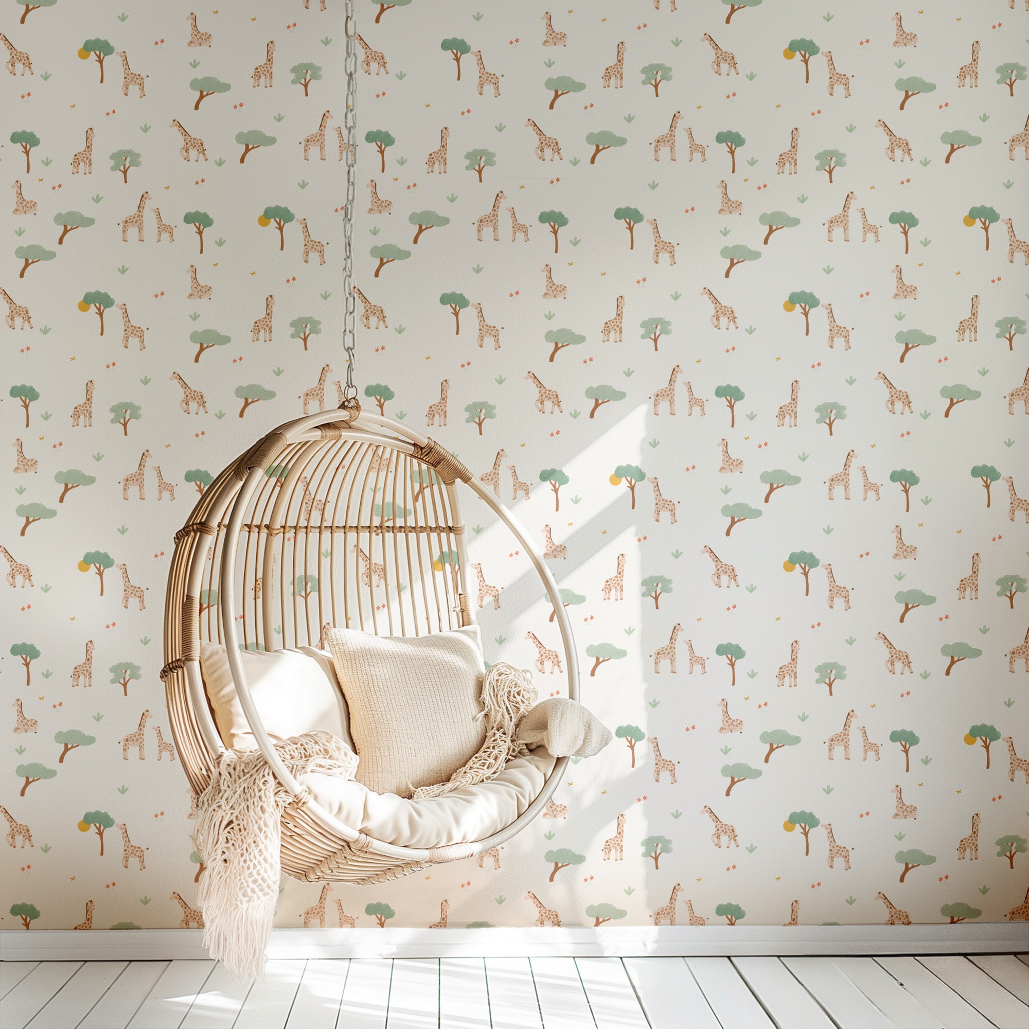 Safari behang voor babykamer of kinderkamer, zacht en tijdloos design.