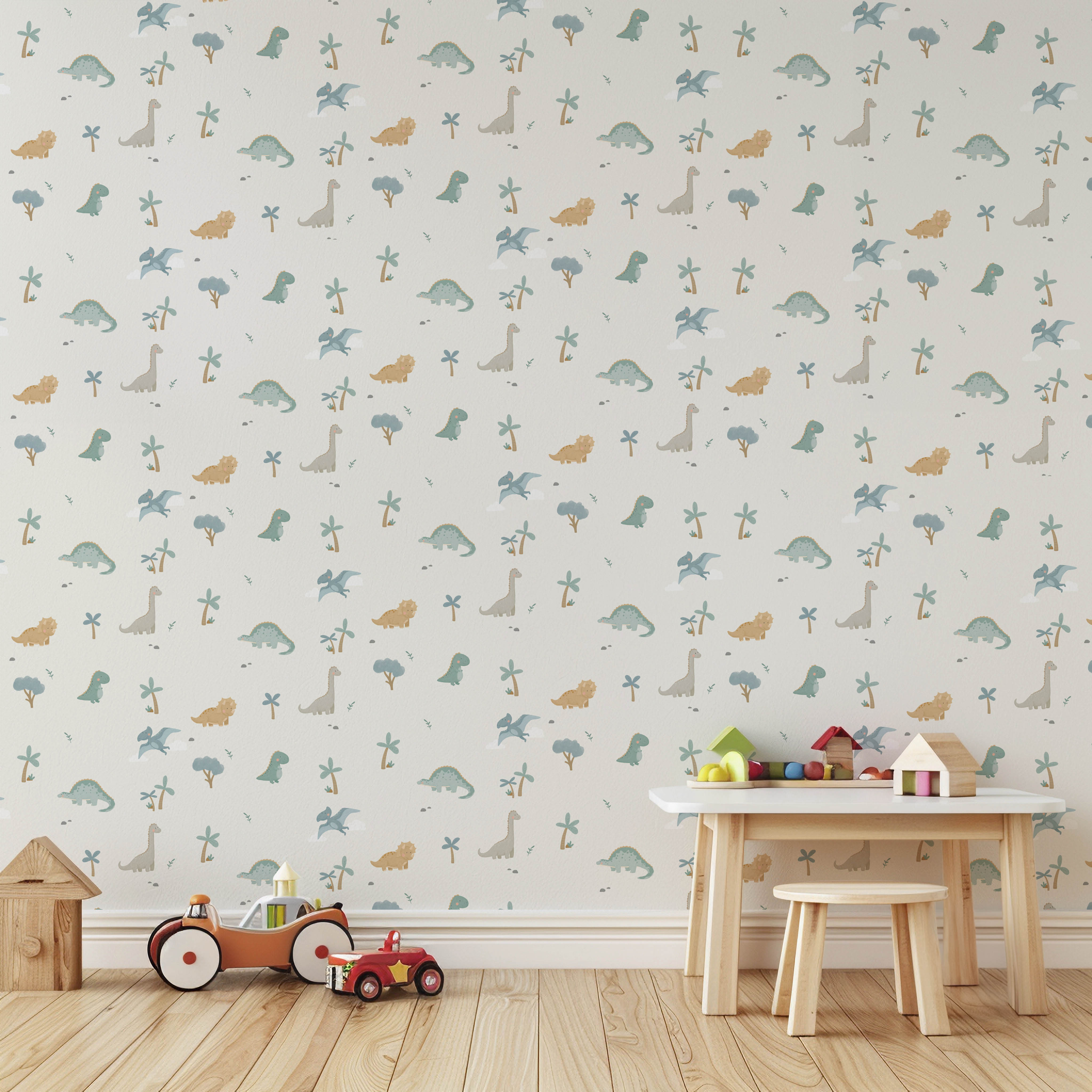 Baby Dino behang – zachte kleuren en lieve dino’s voor een avontuurlijke sfeer.