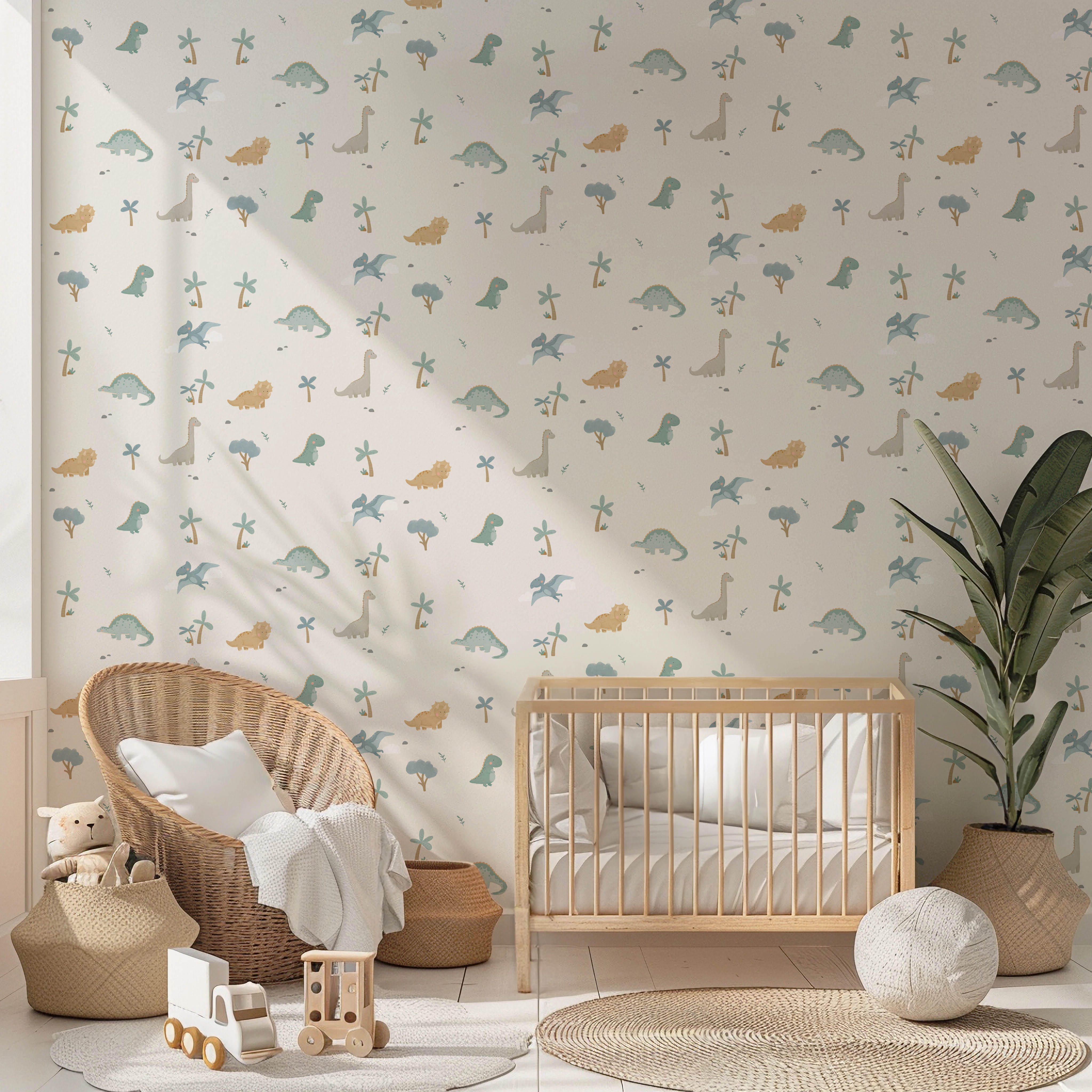 Baby Dinosaur behang met vrolijke dinosaurusillustraties in zachte tinten.