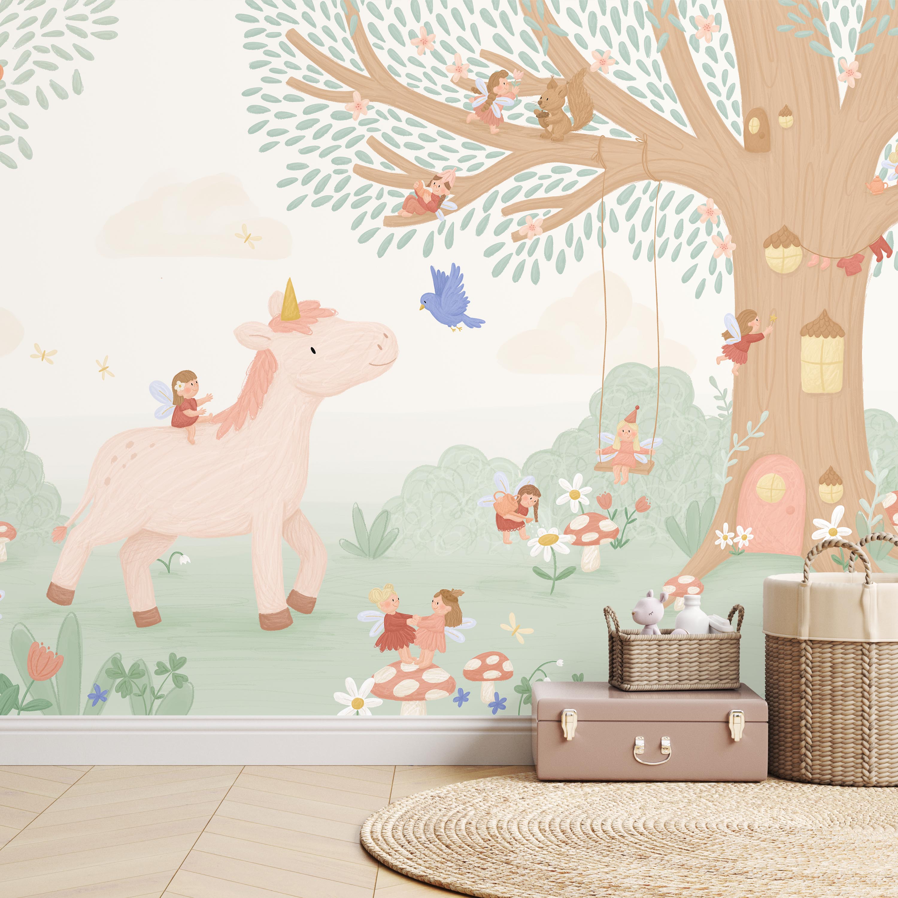 Feeën behang kinderkamer met magische details en kleuraccenten.