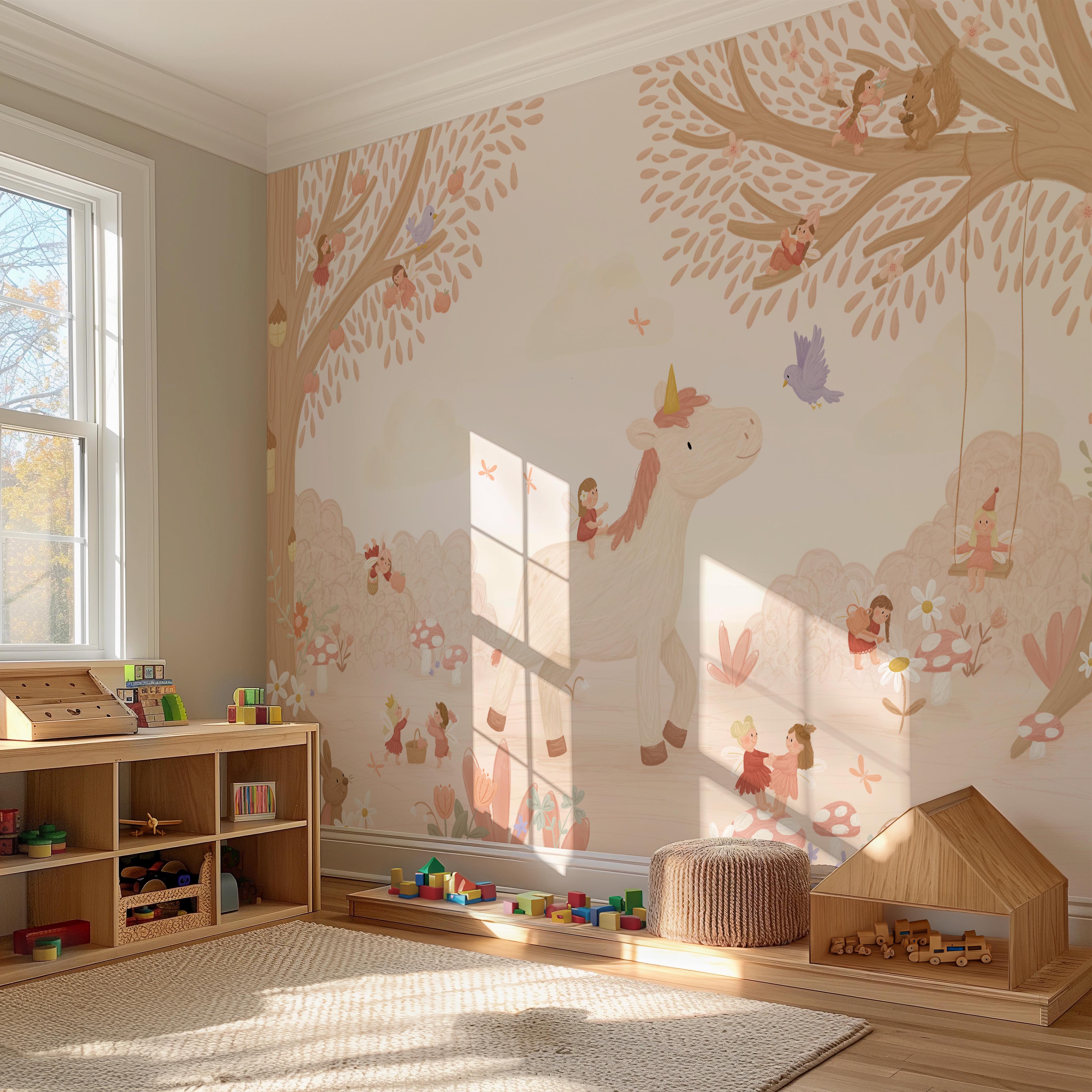 Kinderkamer behang eenhoorn feeënland met subtiele kleuren.