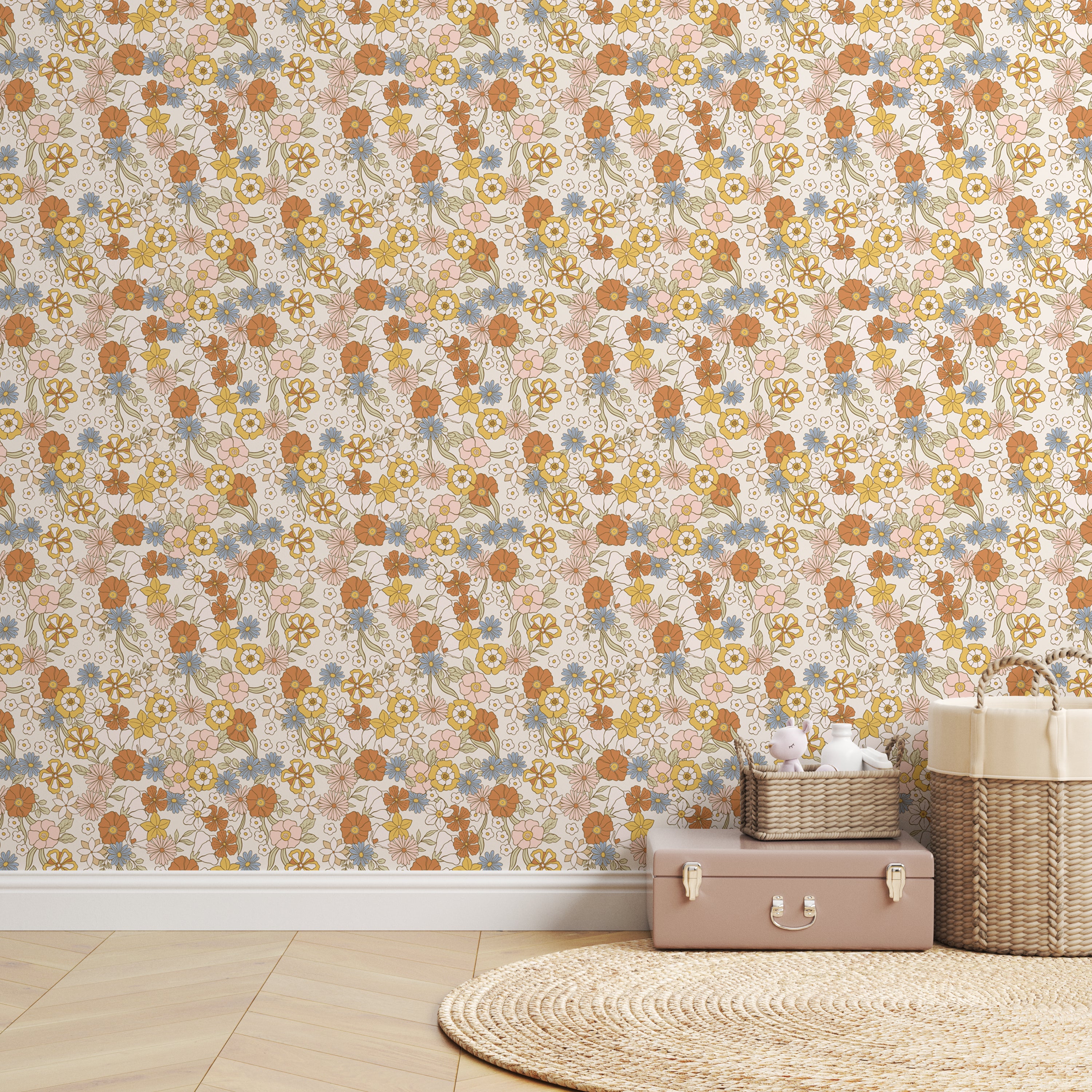 Vintage stijl bloemen behang Flowerfarm – Ivory, een tijdloos accent voor babykamers en meisjeskamers.