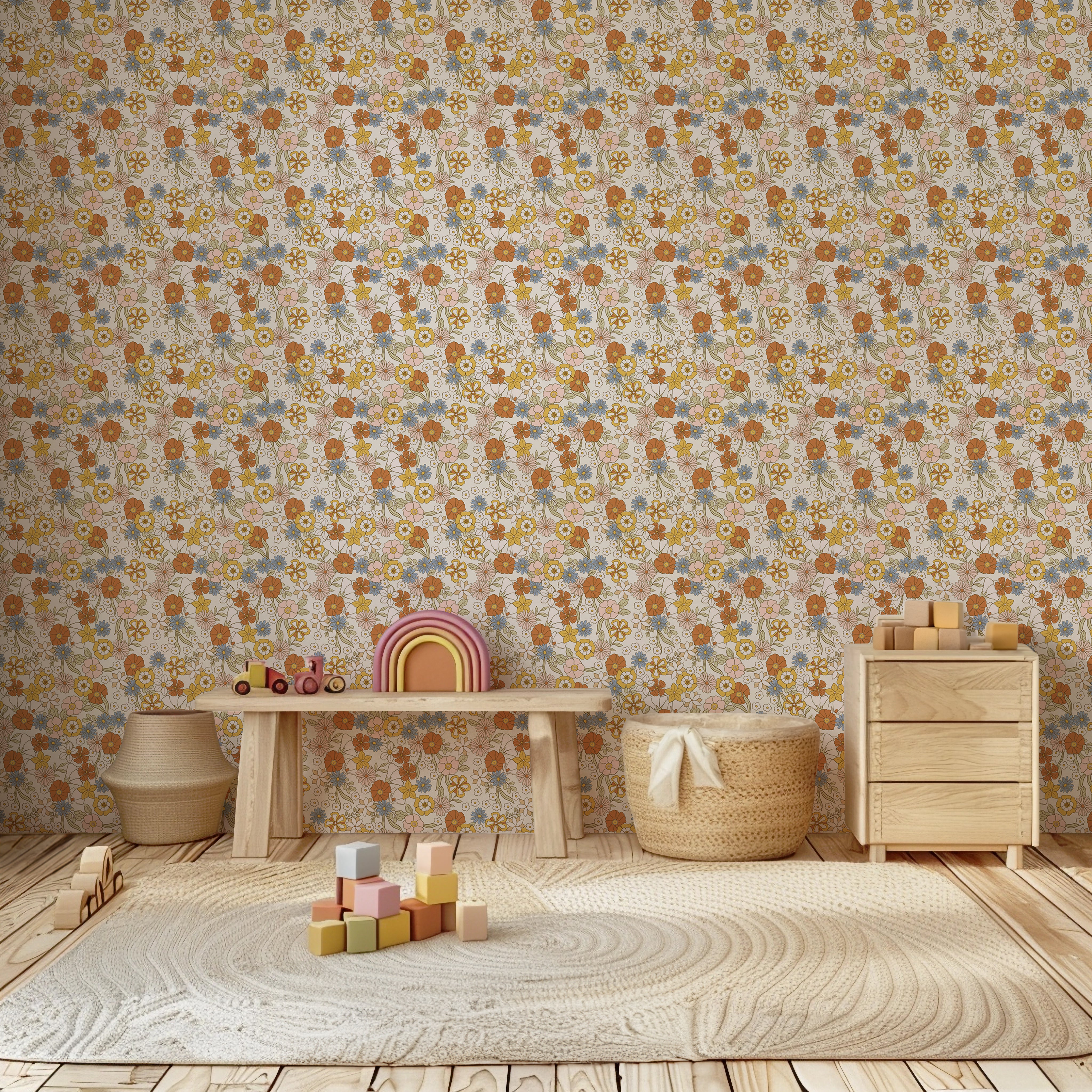 vrolijk bloemetjes behang babykamer