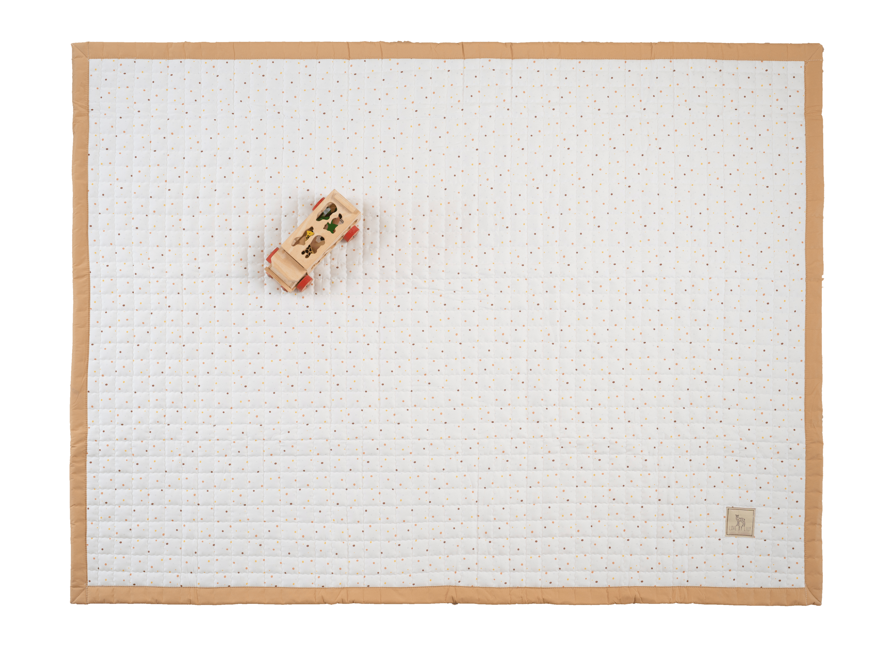 Speelkleed met een witte achtergrond en vrolijke, kleurrijke stippen – een schat aan speelplezier.