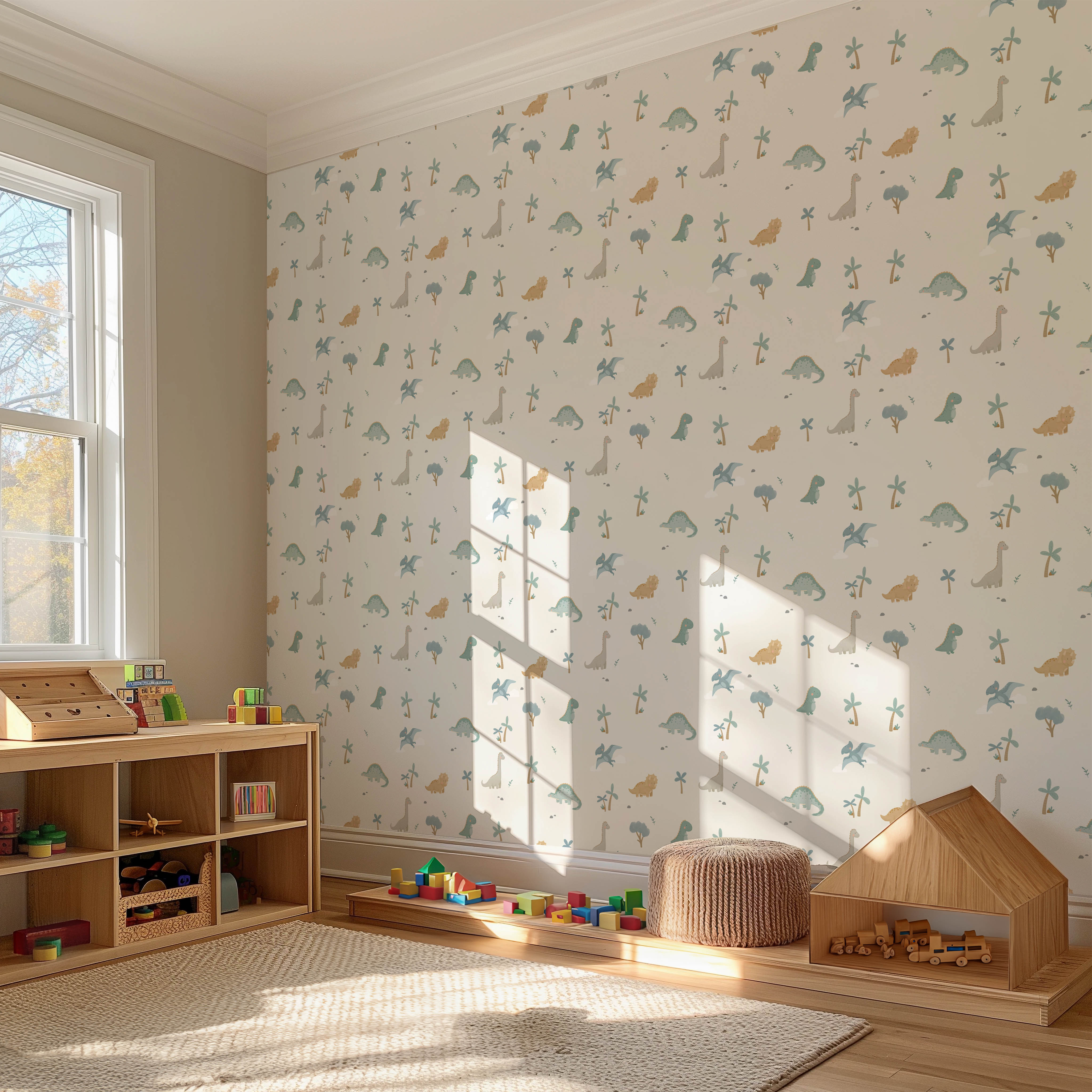 Uniek dinosaurus behang met rustige pasteltinten en vrolijke illustraties.