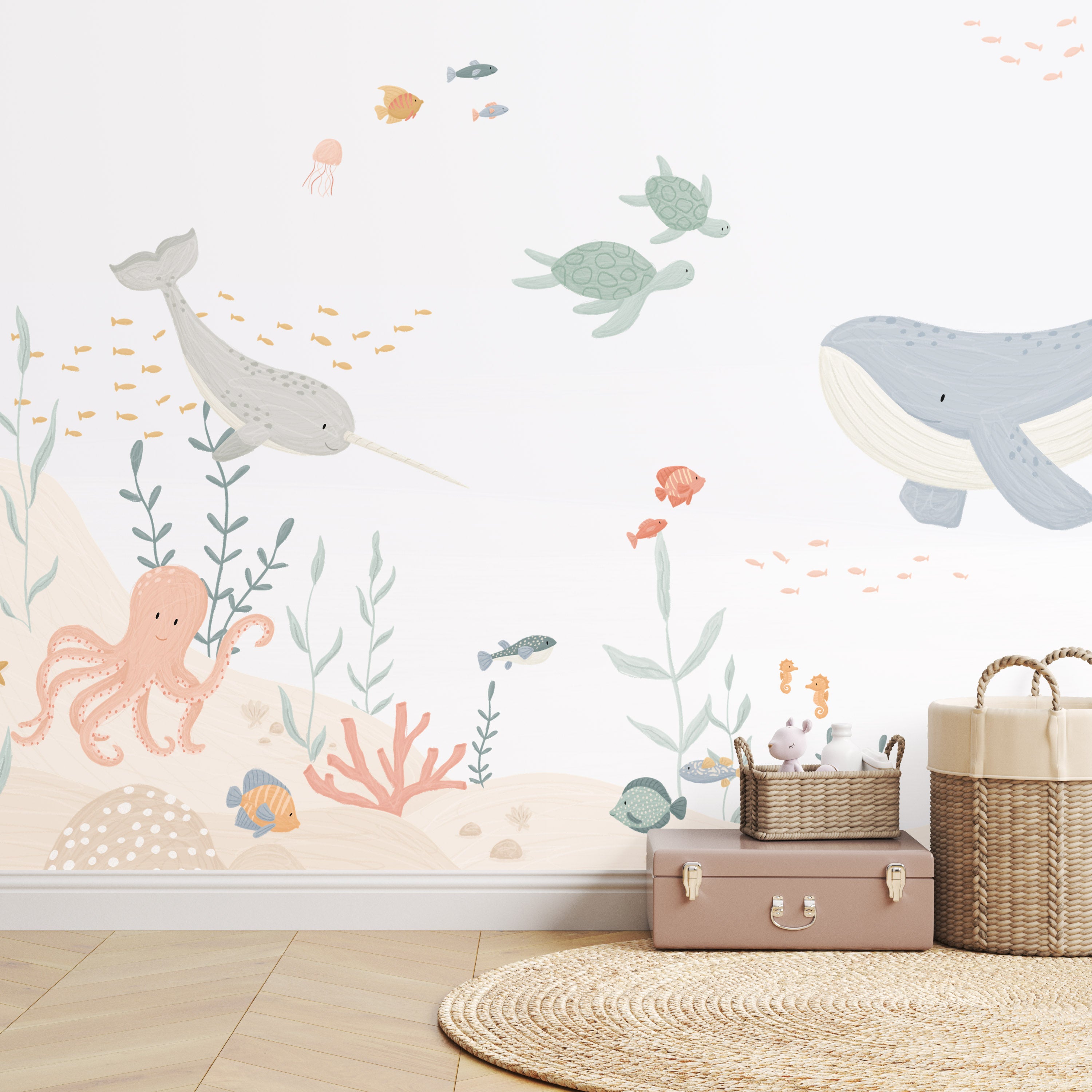 Waterwereld behang met illustraties van oceaandieren voor jongens en meisjes