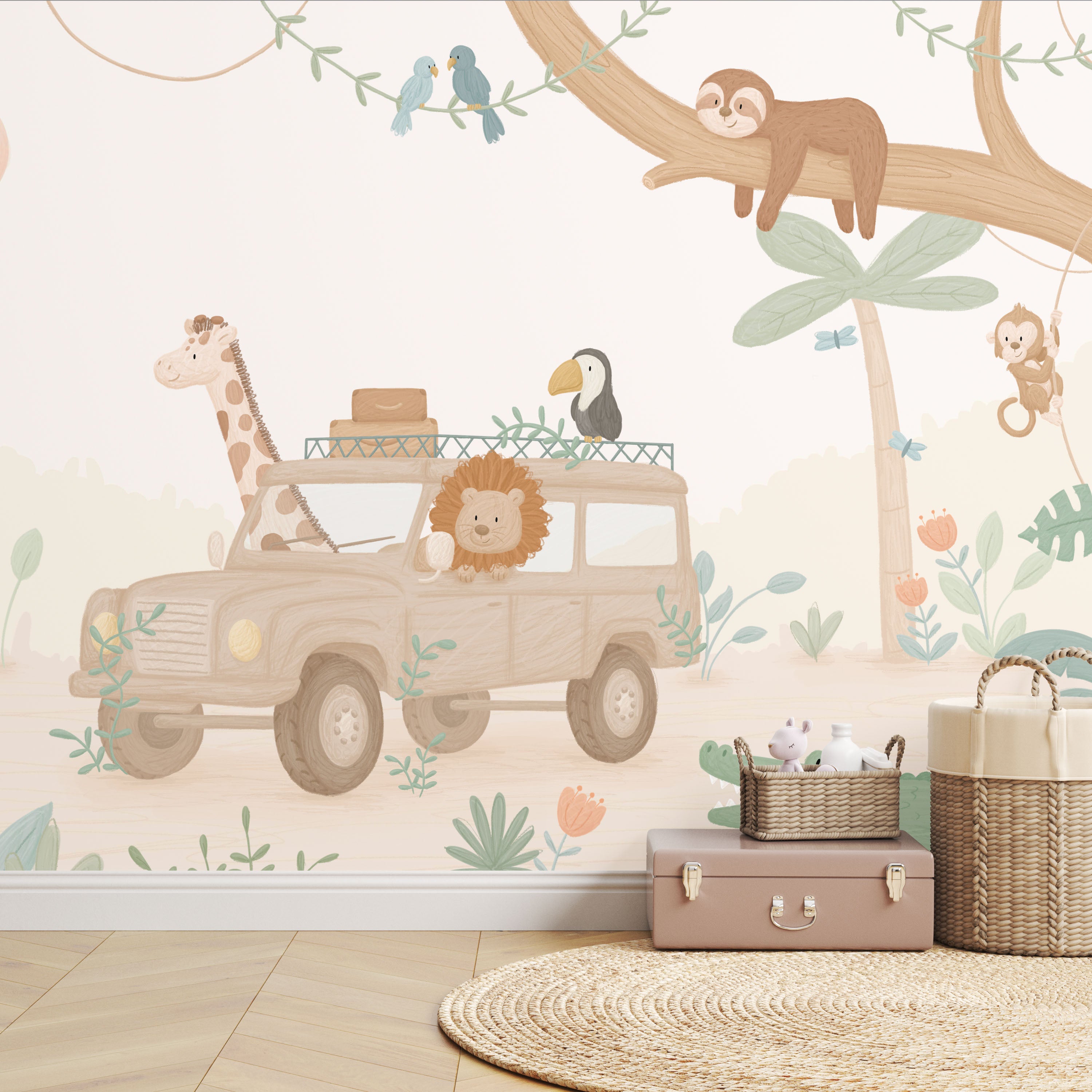 Jeep safari behang met jungle dieren en avontuurlijke details.