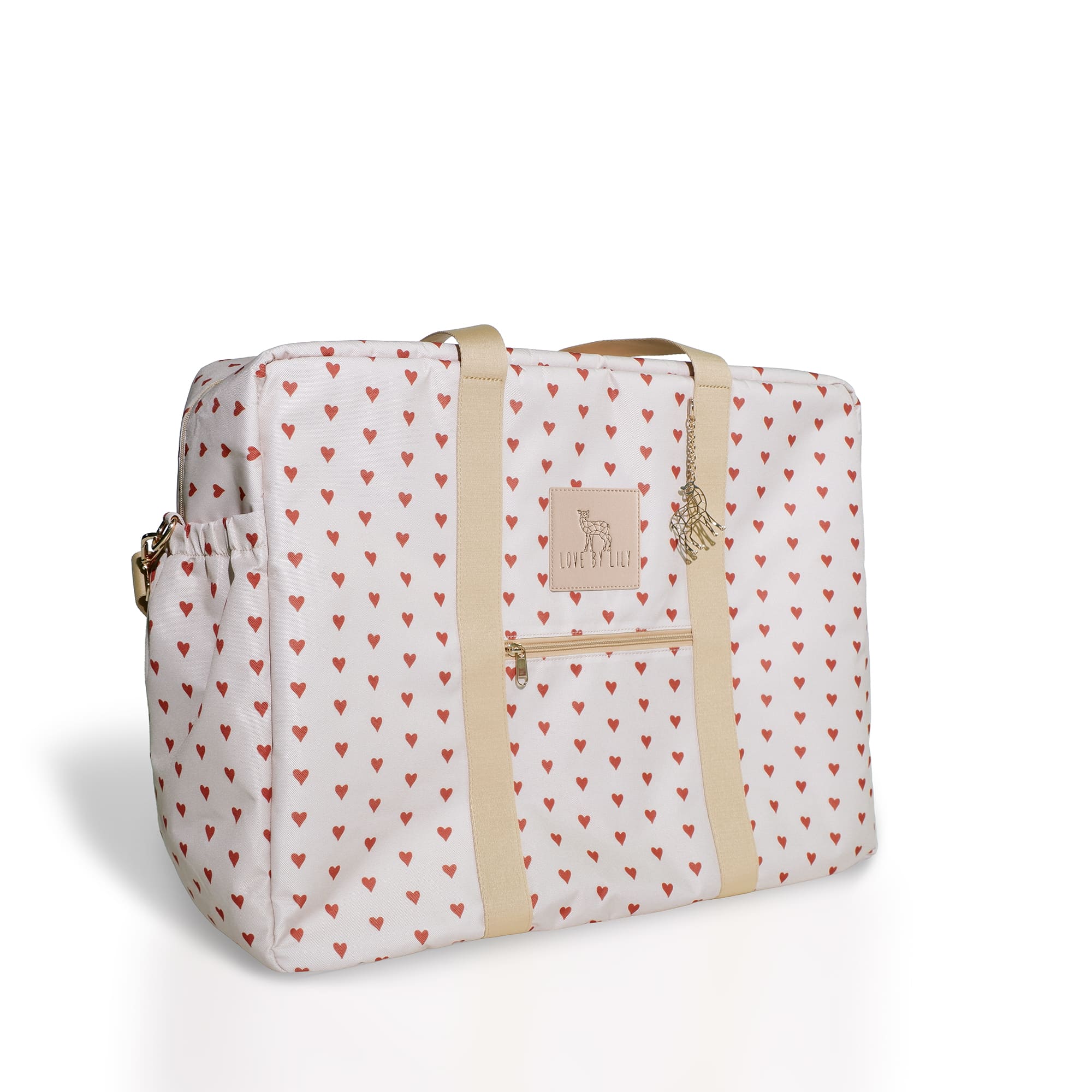 Grote luiertas met verfijnde hartjes – stijlvol reizen met alle essentials.
