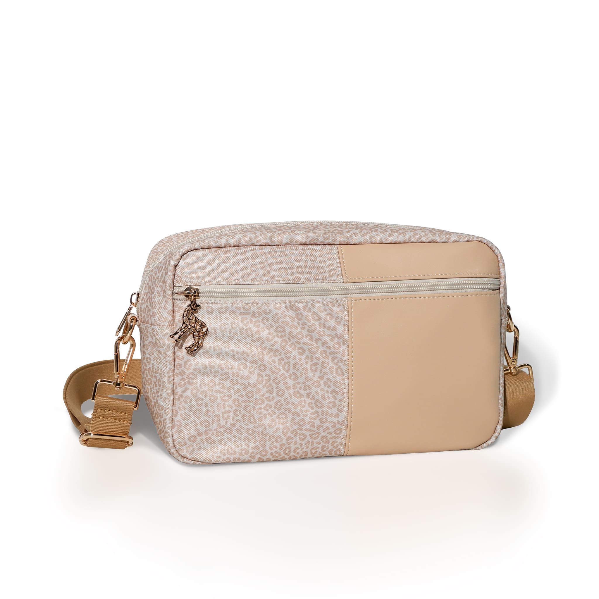 Lily Pocket kinderwagen-organizer met luipaardprint in warme latte tinten – stijlvol en praktisch.
