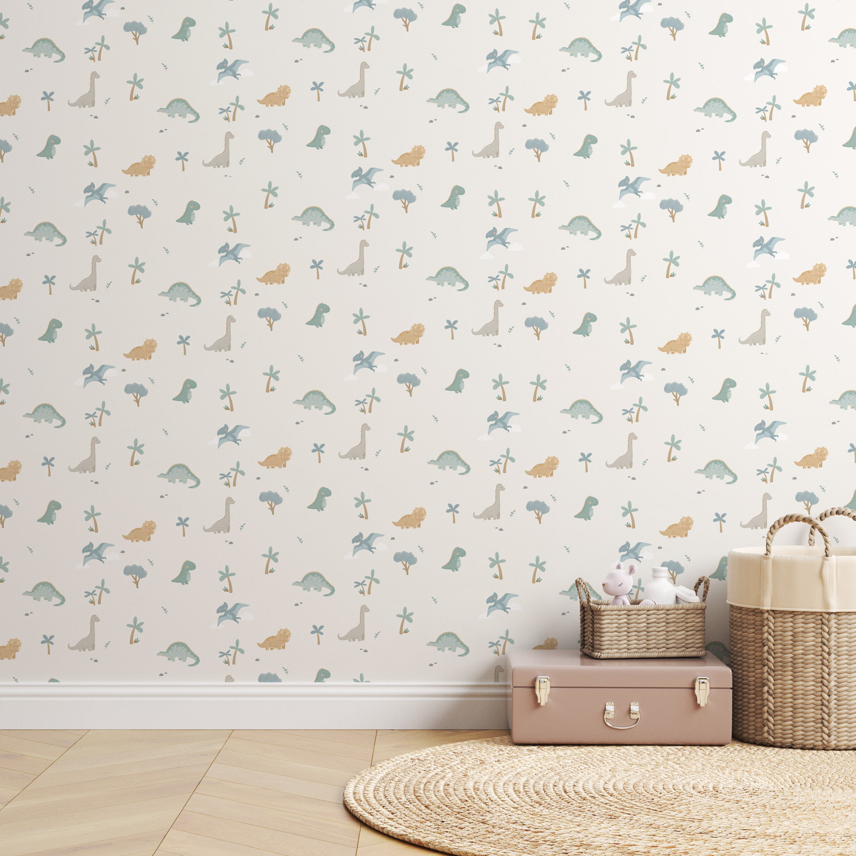 Kinderbehang met baby dino’s – speels en rustgevend design.