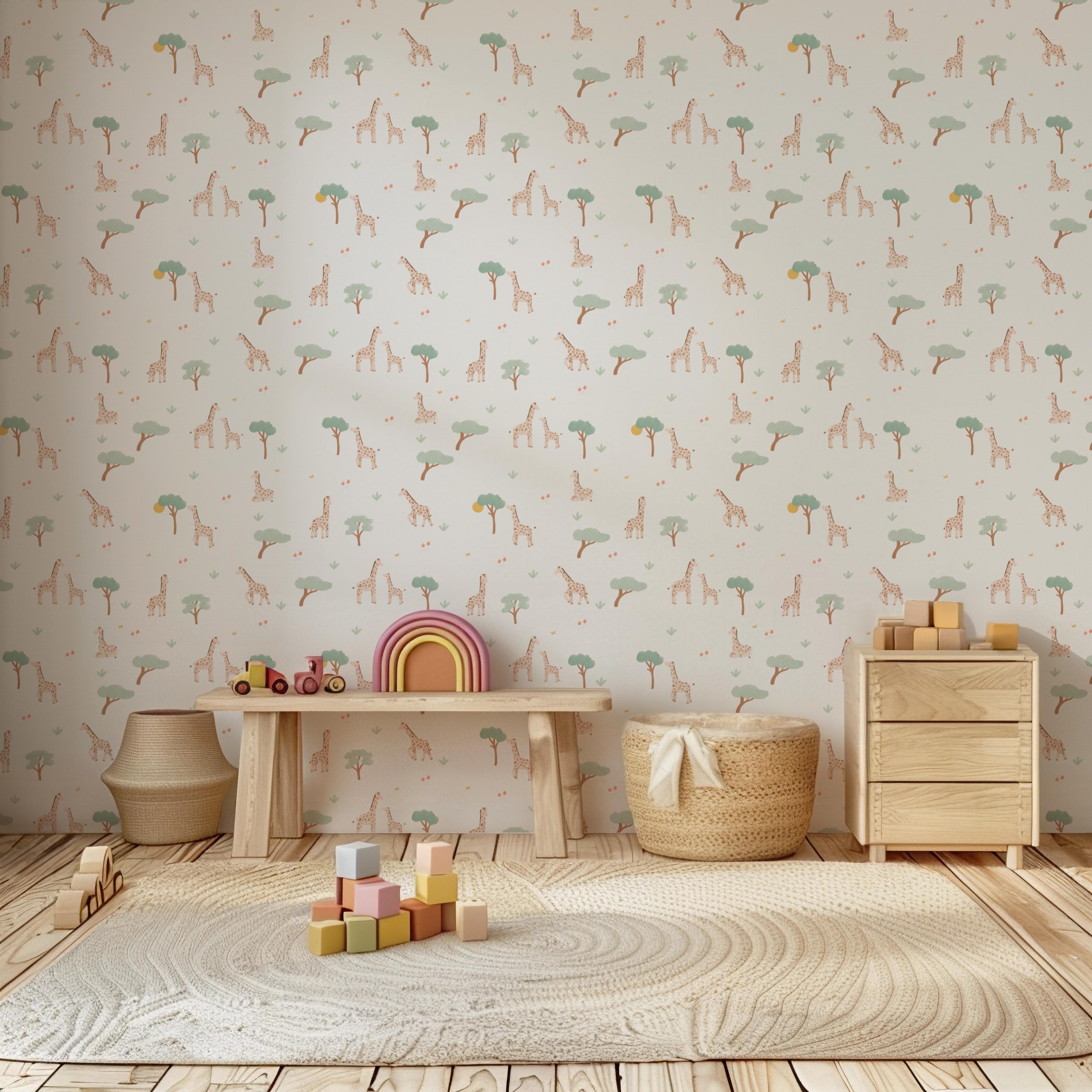 Kinderbehang met giraffen, in rustgevend design.