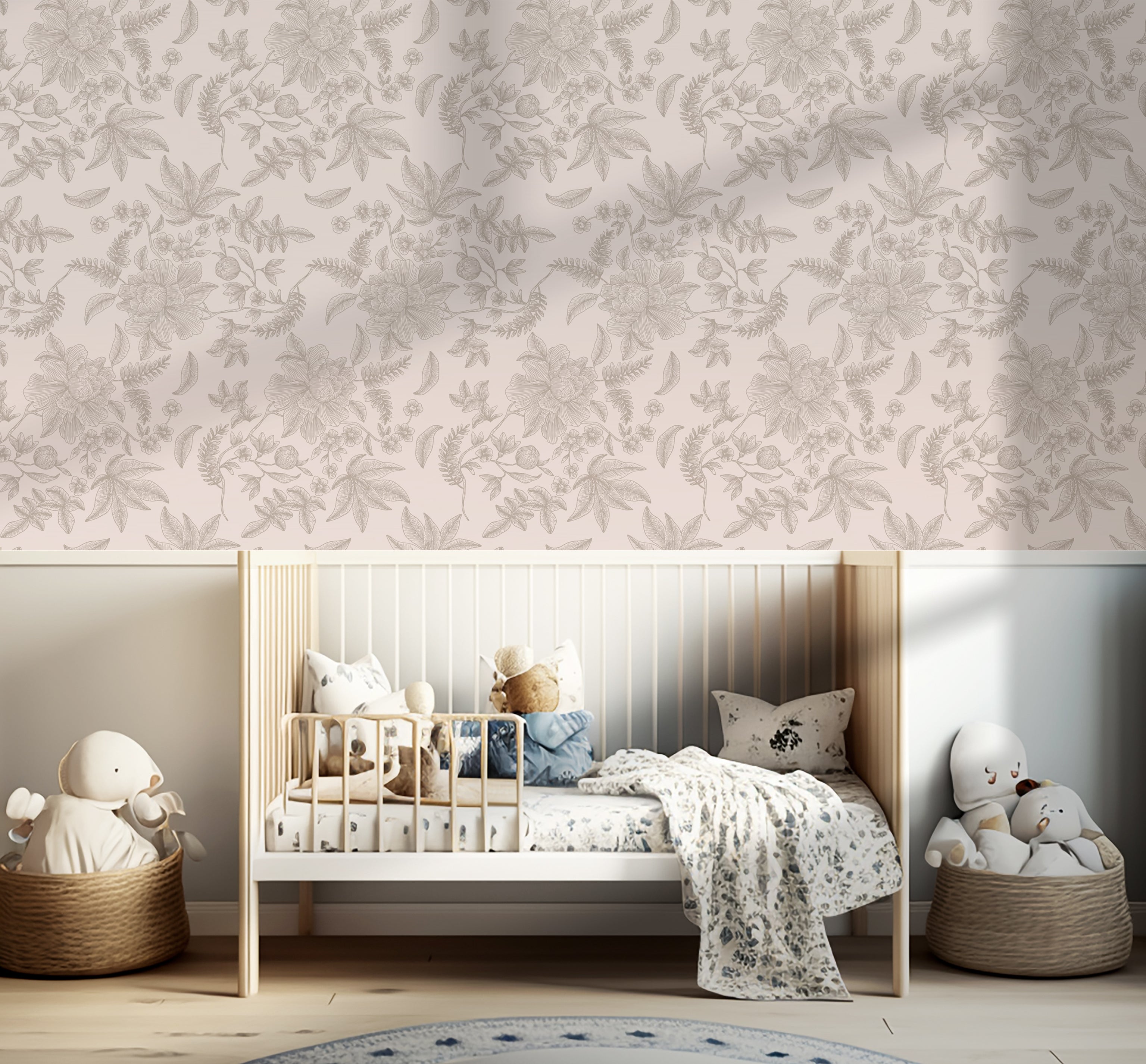 Dromerig roze bloemenbehang voor een warme en rustige babykamer