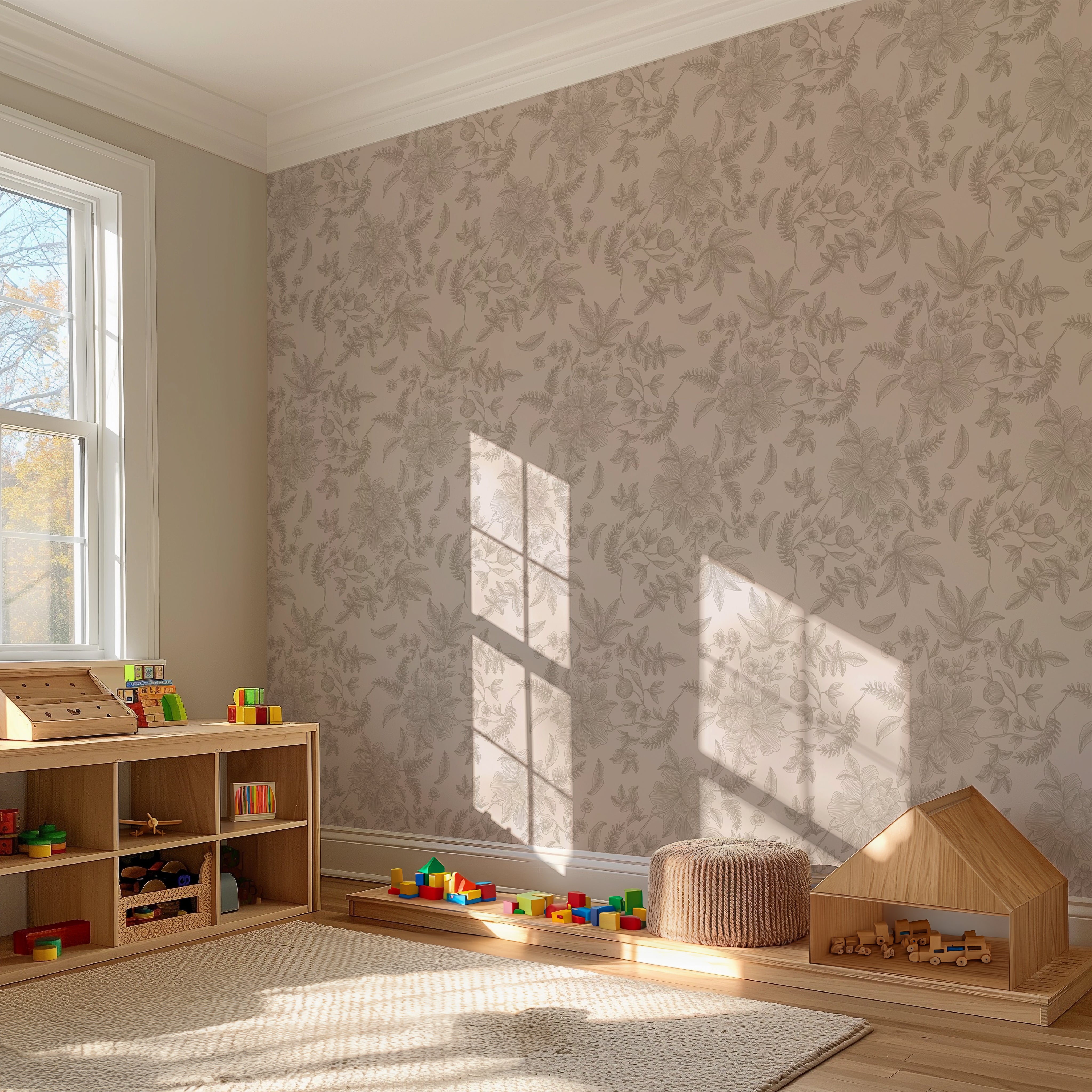 Romantisch bloemenbehang in roze tint, geschikt voor een kinderkamer