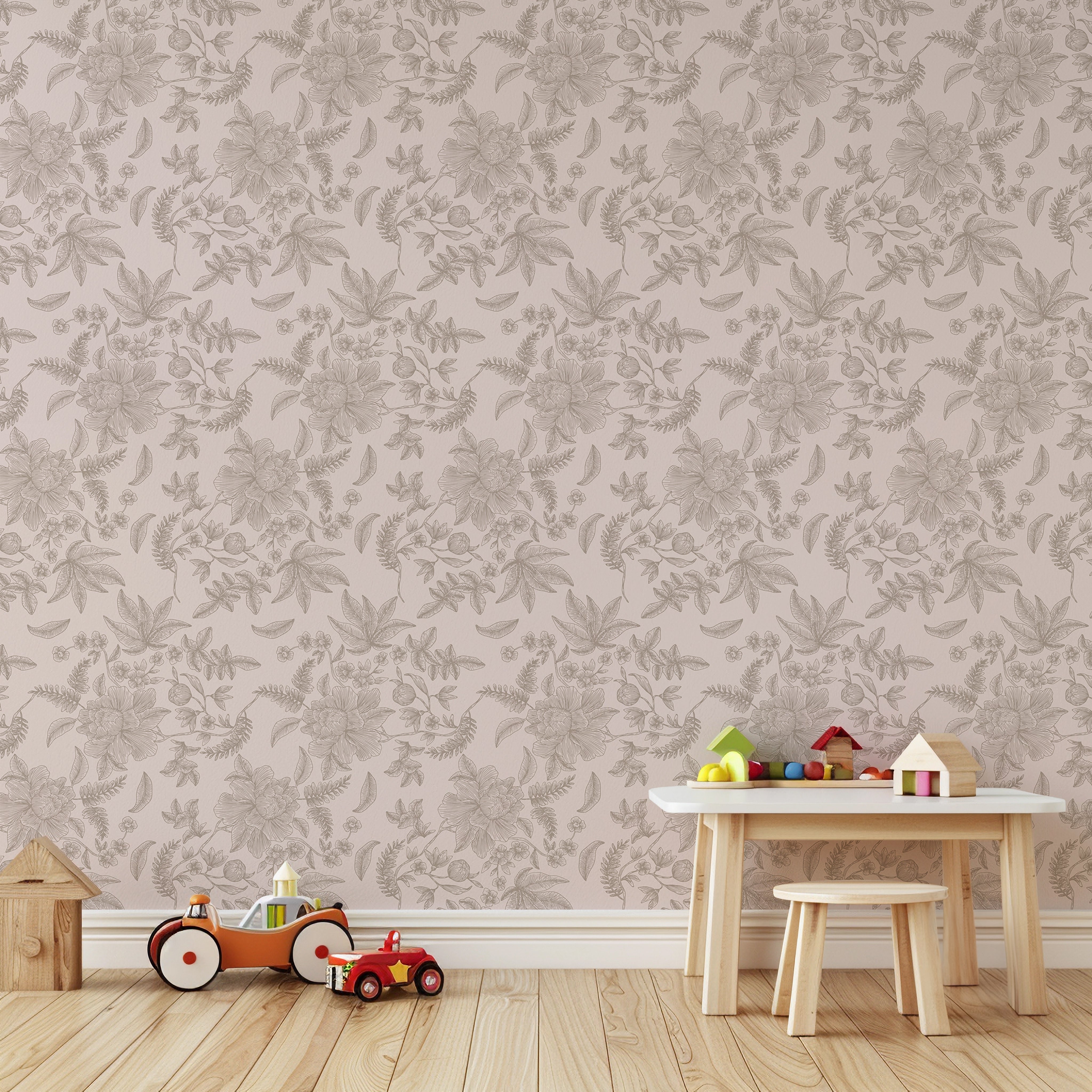 Zacht roze bloemenbehang Majestic Grace, perfect voor een romantische babykamer