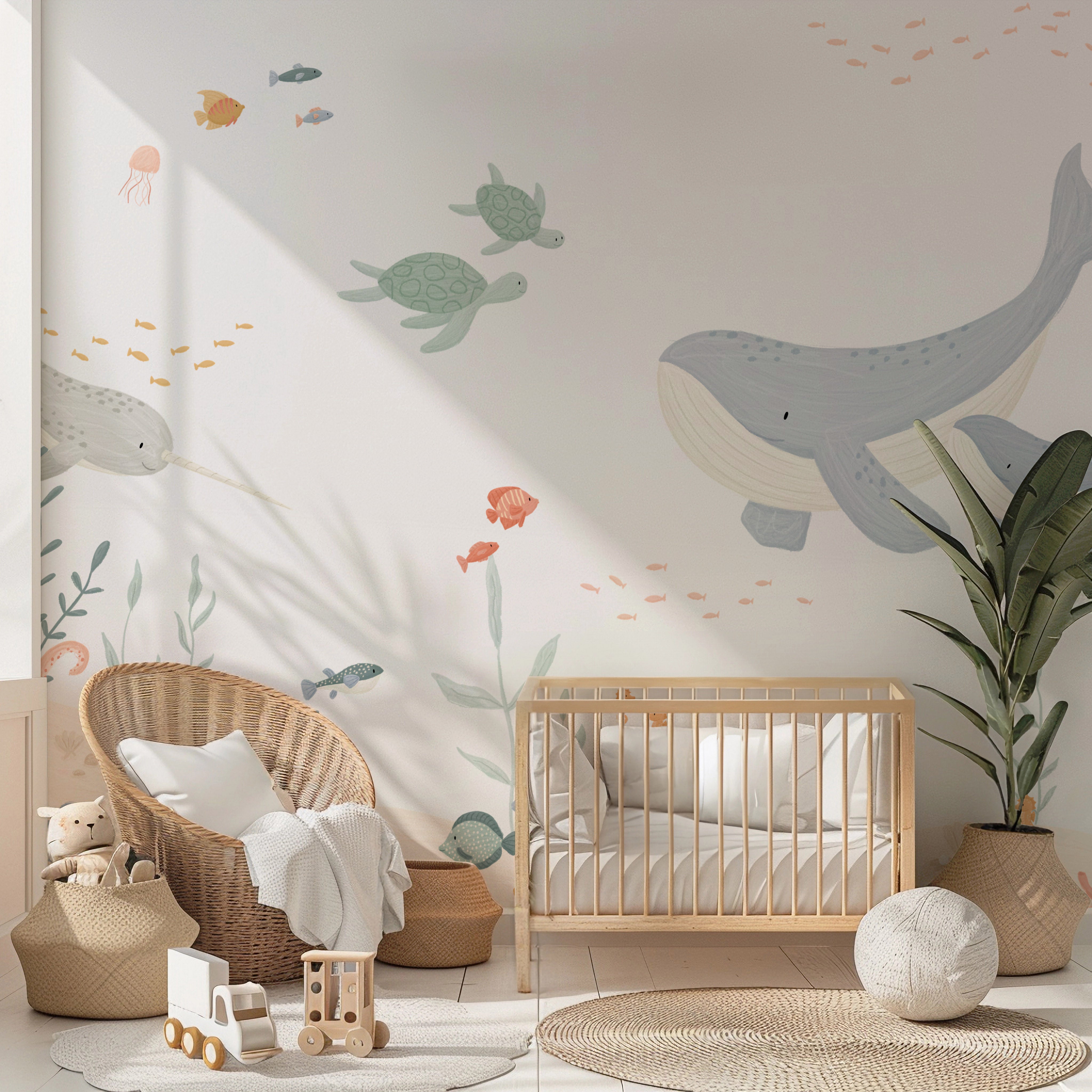 Oceaan behang voor kinderkamer met speelse illustraties van zeedieren