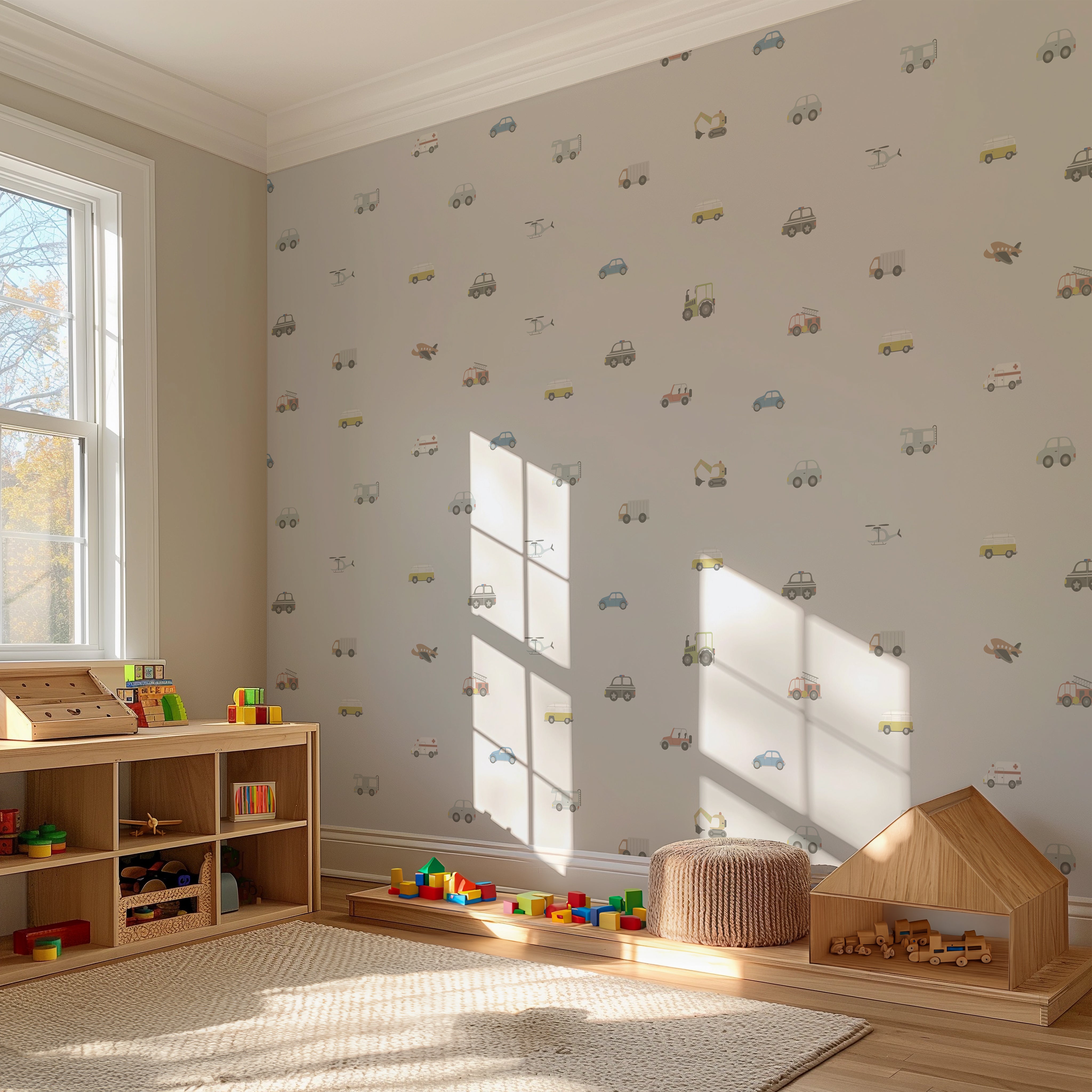 Stoer grijs jongens behang met auto’s, vliegtuigen en graafmachines. Perfect voor een jongens babykamer of speelse jongenskamer.