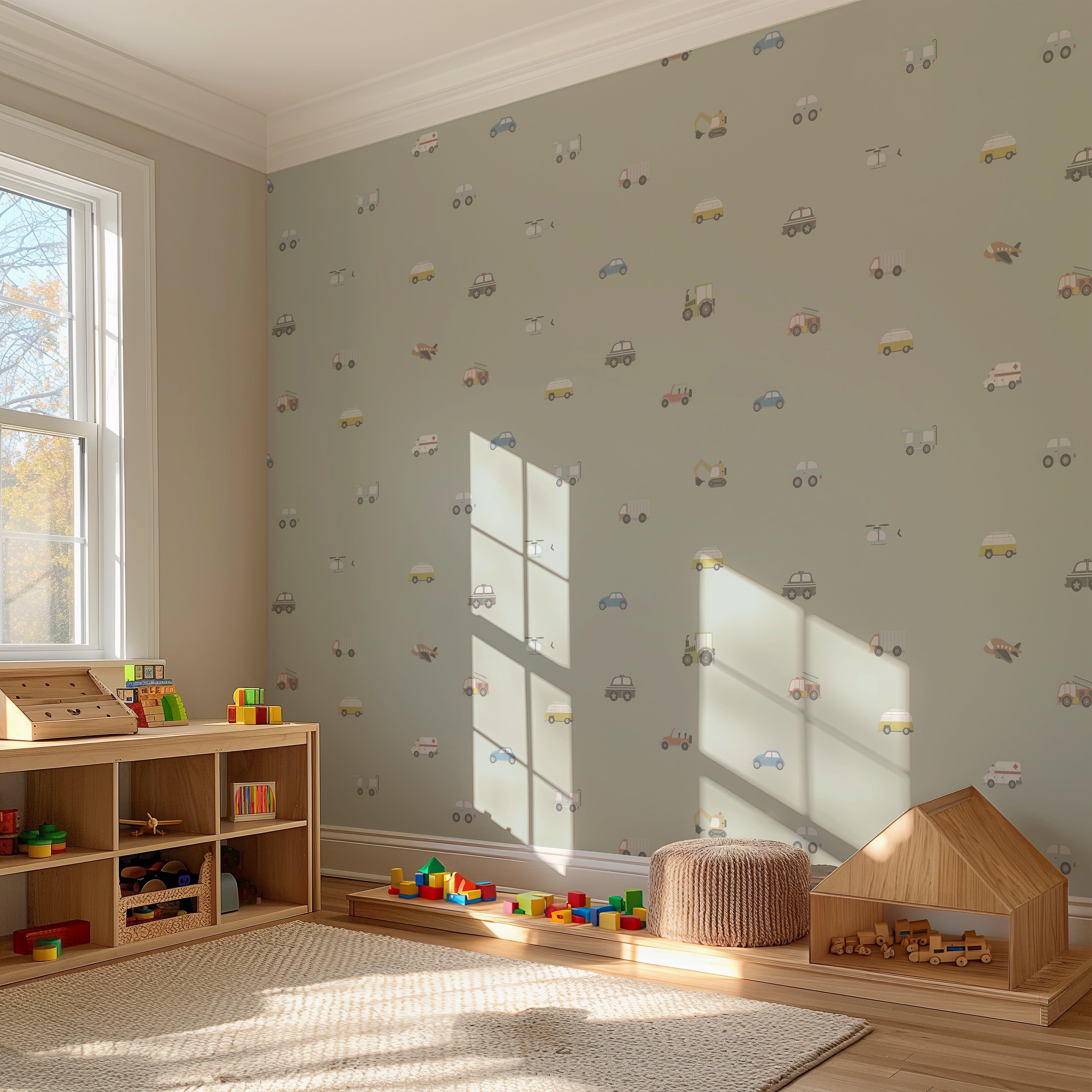 Stoer jongens behang in groen met auto’s, tractoren, vliegtuigen en graafmachines. Perfect voor een jongens babykamer of speelkamer.