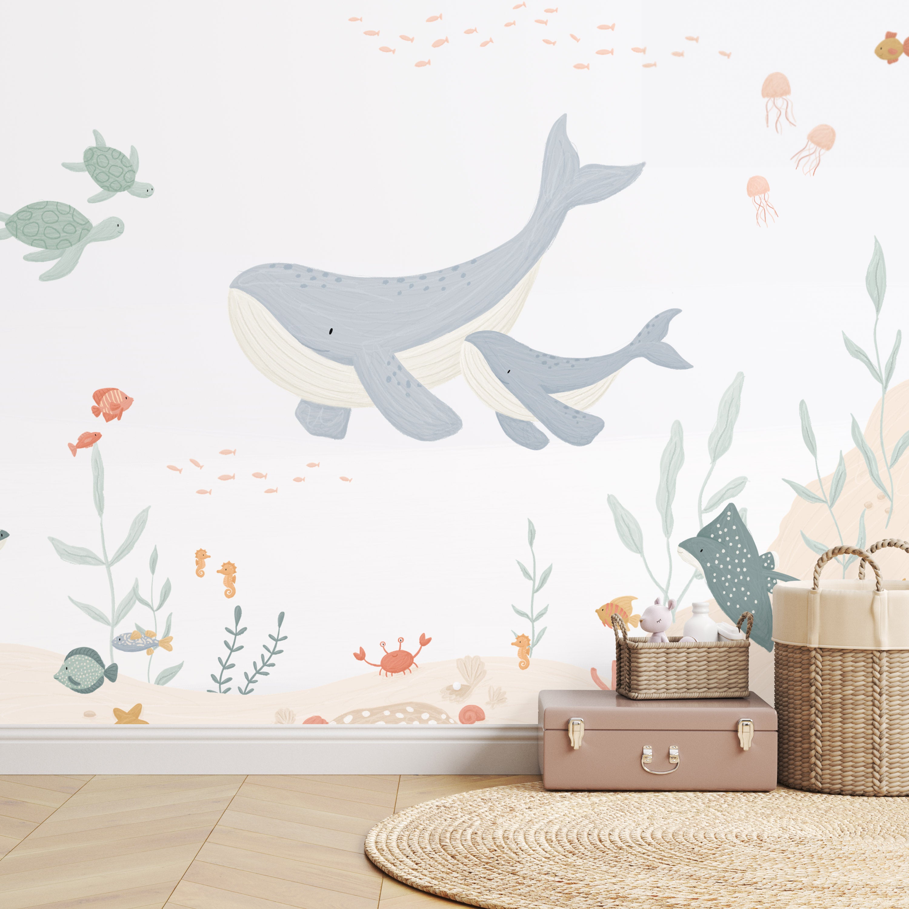 Speels kinderkamer behang met walvissen, schildpadden en vissen
